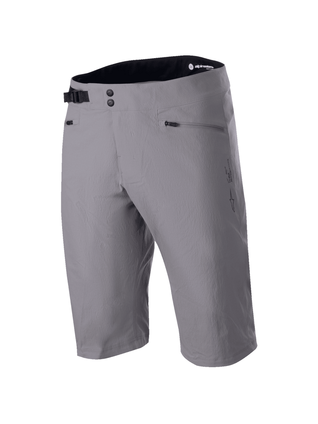 Alpinestars A-Dura shorts, MTB-shorts, mörkgrå, knälång design med dubbel tryckknappsstängning i midjan och justerbart sidoreglage, dragkedjeförsedda fickor, tekniskt 2-vägsstretchmaterial för mountainbikecykling