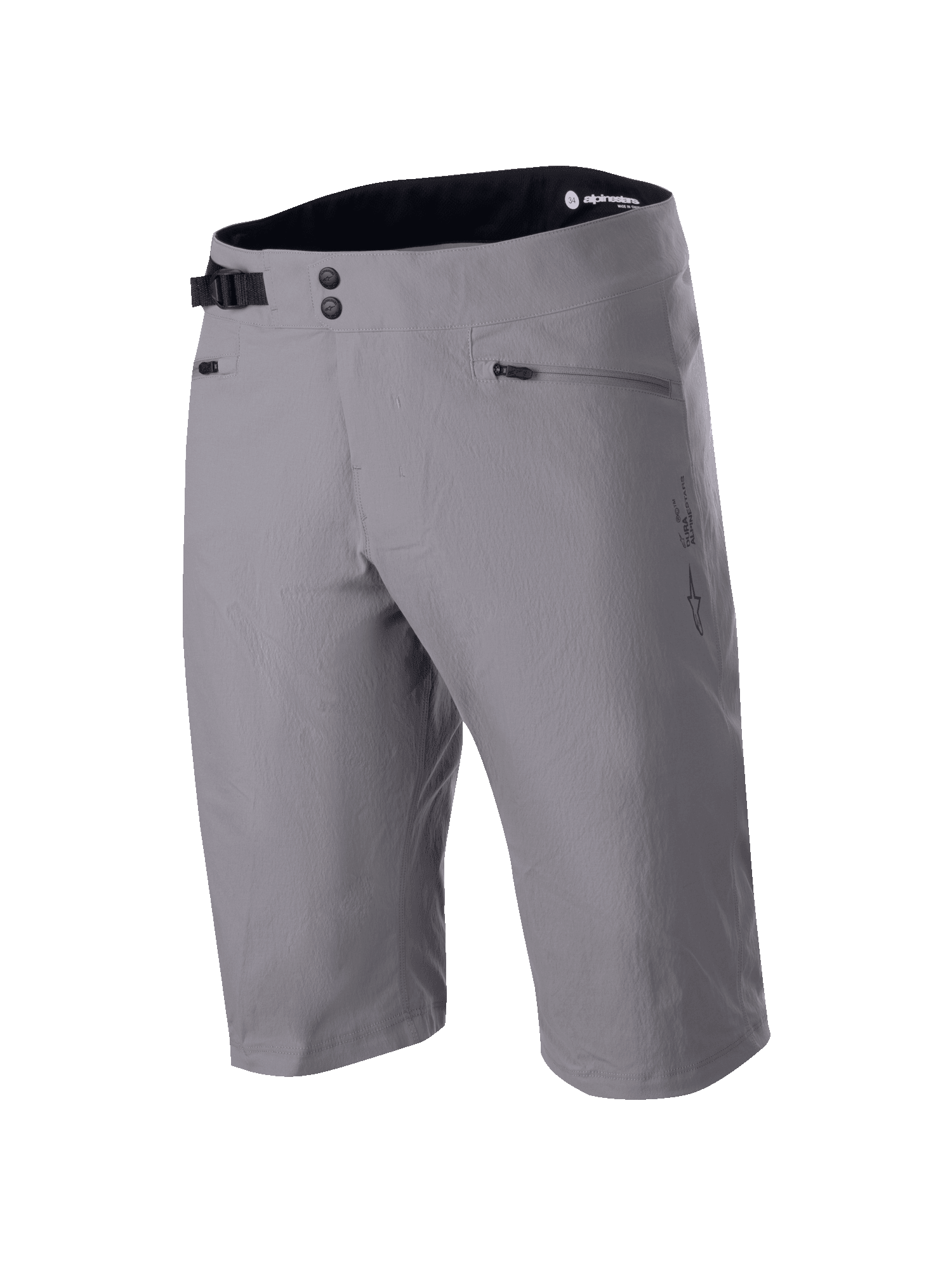 Alpinestars A-Dura shorts, MTB-shorts, mörkgrå, knälång design med dubbel tryckknappsstängning i midjan och justerbart sidoreglage, dragkedjeförsedda fickor, tekniskt 2-vägsstretchmaterial för mountainbikecykling