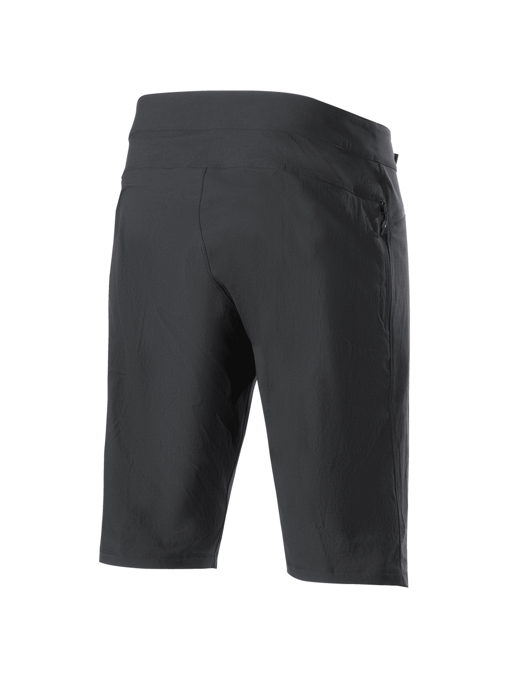Alpinestars A-Dura Liner Shorts, svarta MTB-shorts, vy snett bakifrån, med en sidficka med dragkedja, slitstarkt stretchmaterial och en strömlinjeformad atletisk design för terrängcykling