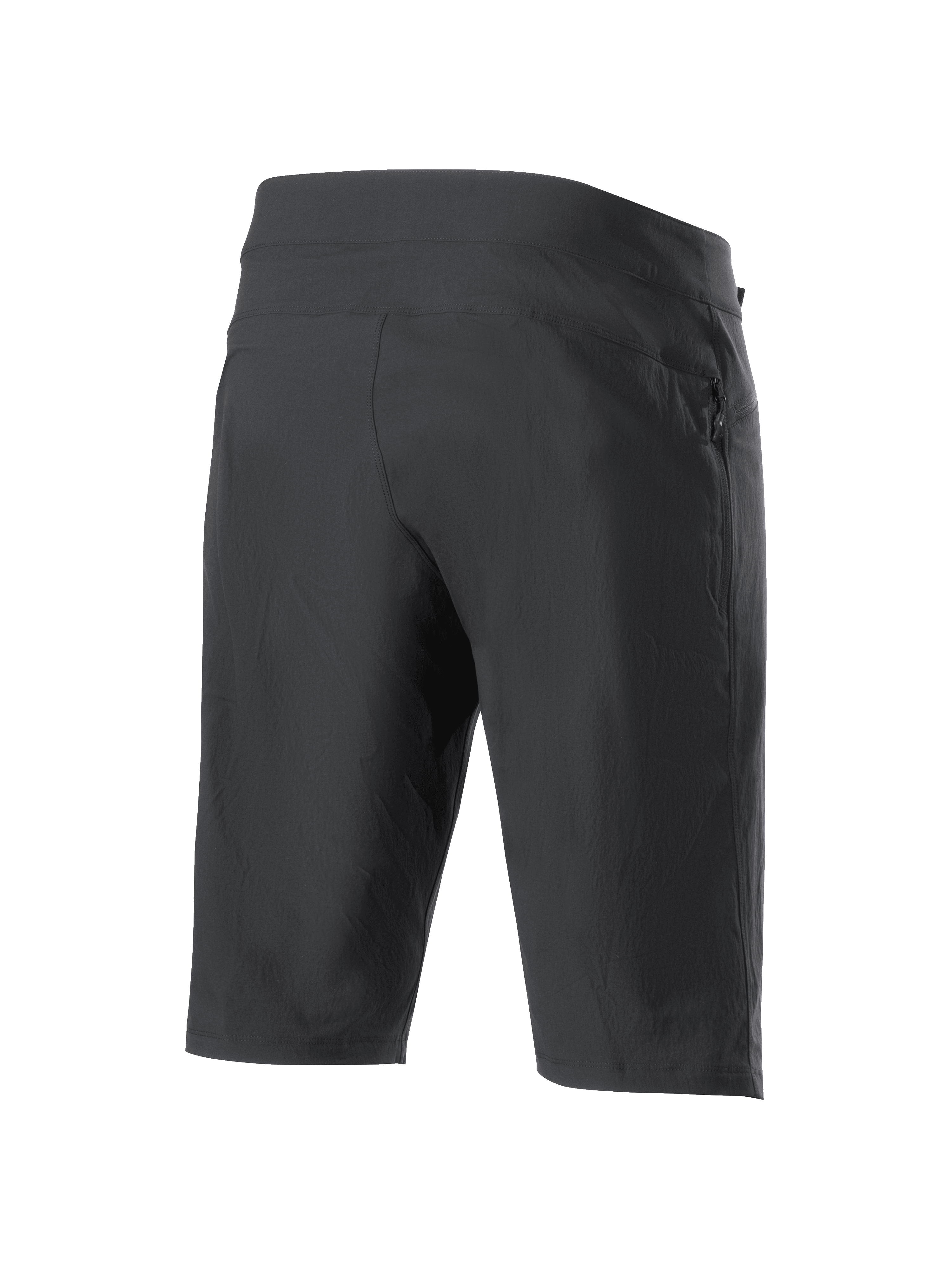 Alpinestars A-Dura Liner Shorts, svarta MTB-shorts, vy snett bakifrån, med en sidficka med dragkedja, slitstarkt stretchmaterial och en strömlinjeformad atletisk design för terrängcykling