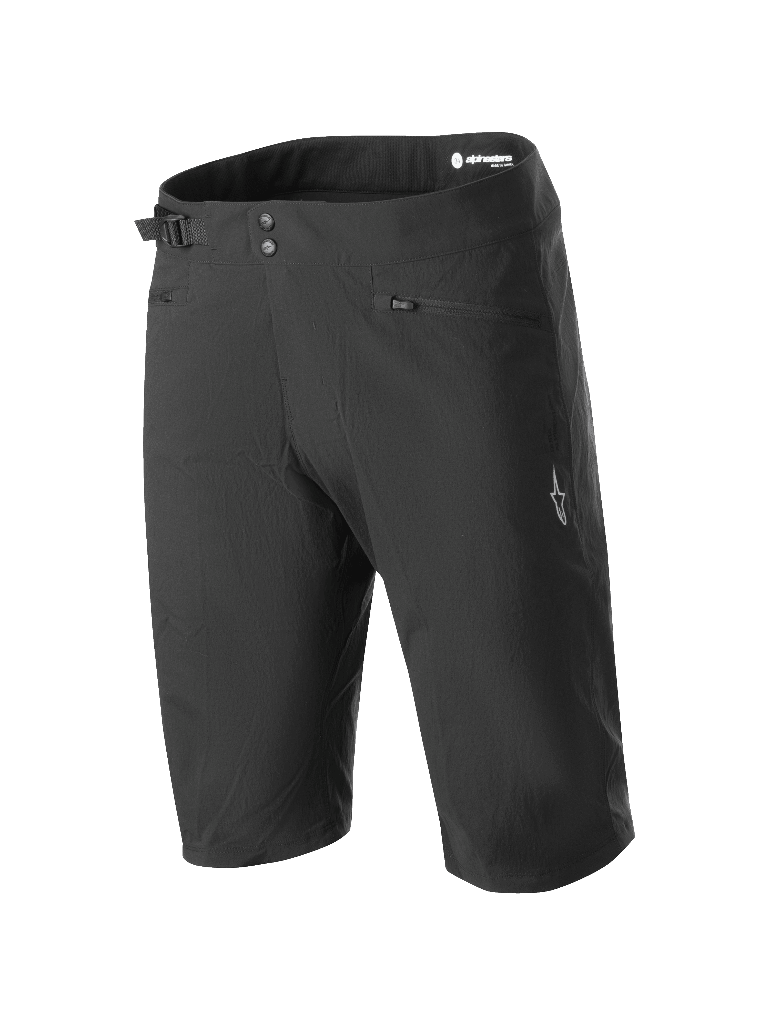 Alpinestars A-Dura Liner Shorts, svarta mountainbikeshorts, dubbelknäppning med justerbart sidodragband i midjan, fickor med dragkedja, vit stjärnlogotyp på benet, slitstarkt och stretchigt material för MTB-cykling.