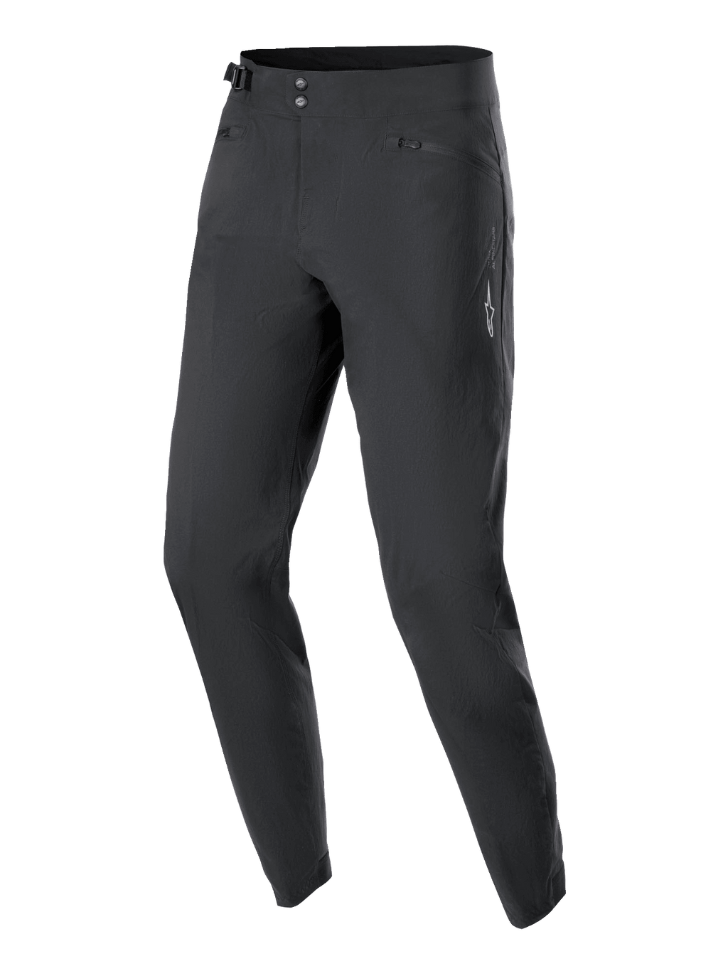 Alpinestars Stella A-Dura byxor för damer, MTB-cykelbyxor, svarta, med dubbel tryckknappsstängning fram, sidjusterare i midjan och fickor med dragkedja, minimalistisk design med en liten vit stjärnlogotyp, slitstarkt 2-vägsstretchtyg för terrängkörning