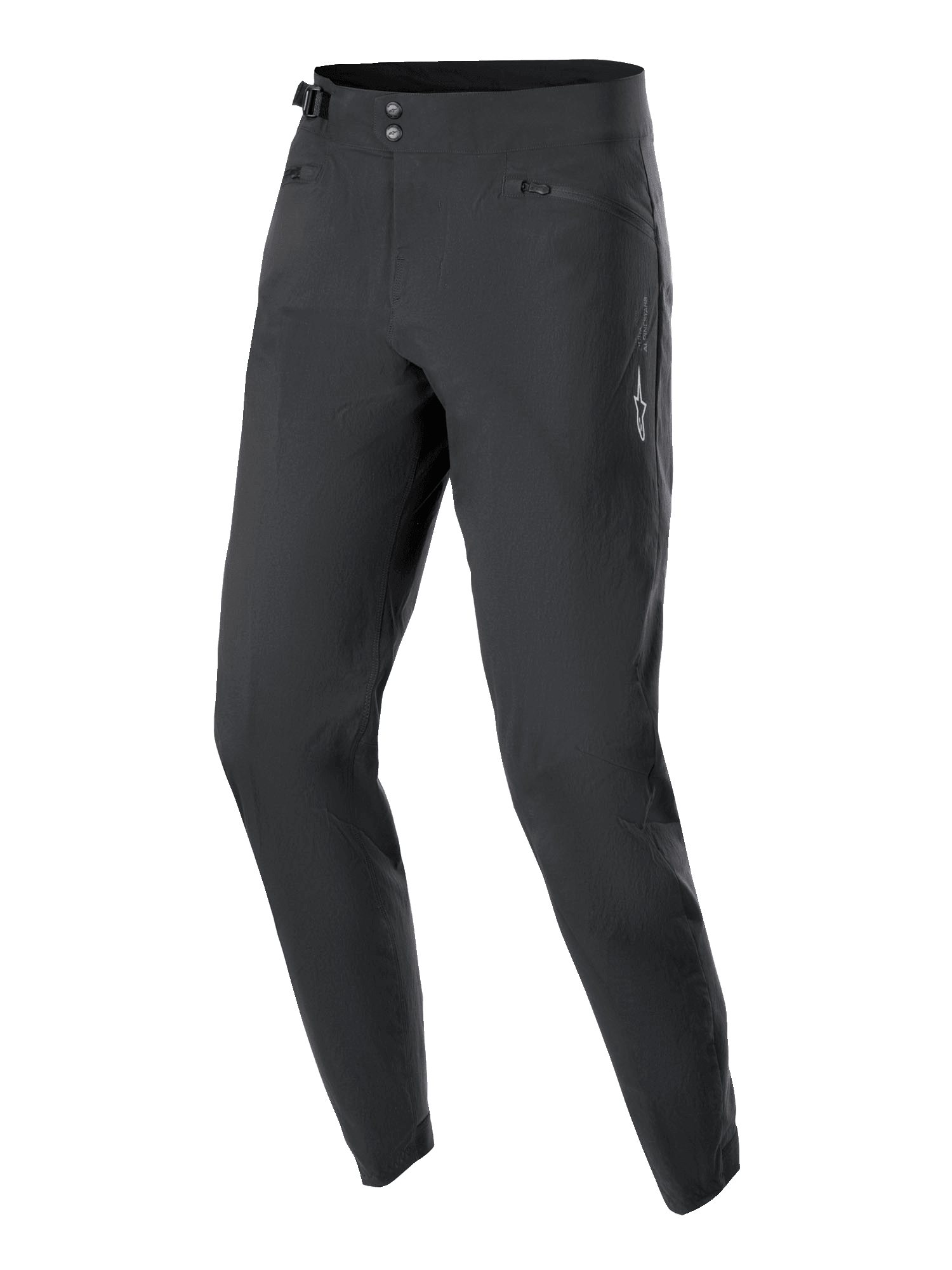 Alpinestars Stella A-Dura byxor för damer, MTB-cykelbyxor, svarta, med dubbel tryckknappsstängning fram, sidjusterare i midjan och fickor med dragkedja, minimalistisk design med en liten vit stjärnlogotyp, slitstarkt 2-vägsstretchtyg för terrängkörning
