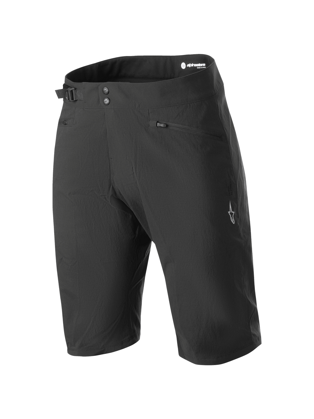 Alpinestars Stella A-Dura Liner Shorts, svarta mountainbikeshorts för dam, knälånga med dubbelknäppning och sidjustering i midjan, dragkedjeförsedda fickor och vit stjärnlogotyp på benet, slitstarkt 2-vägs stretchtyg för MTB-cykling