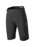 Alpinestars Stella A-Dura Liner Shorts, svarta mountainbikeshorts för dam, knälånga med dubbelknäppning och sidjustering i midjan, dragkedjeförsedda fickor och vit stjärnlogotyp på benet, slitstarkt 2-vägs stretchtyg för MTB-cykling