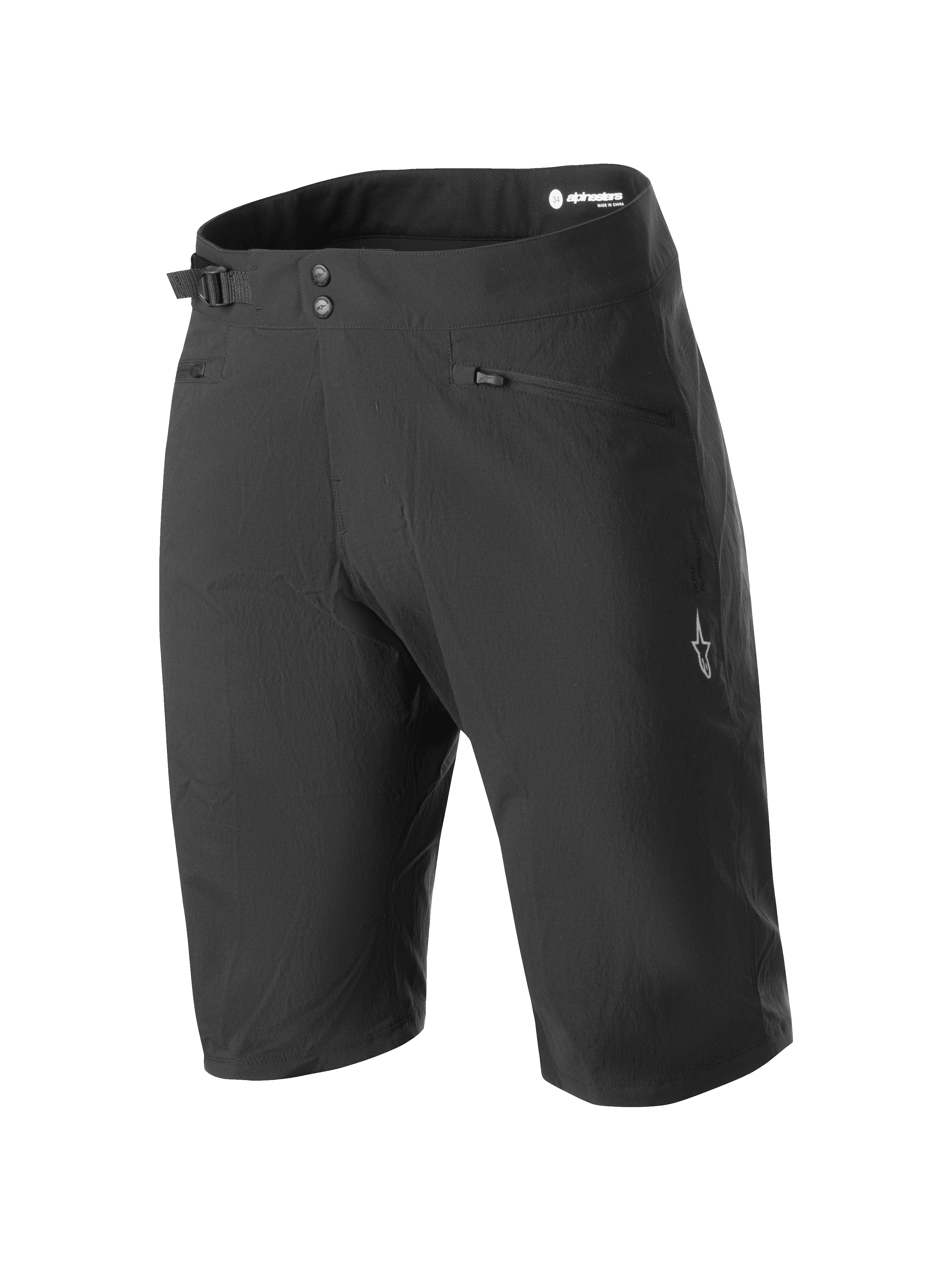 Alpinestars Stella A-Dura Liner Shorts, svarta mountainbikeshorts för dam, knälånga med dubbelknäppning och sidjustering i midjan, dragkedjeförsedda fickor och vit stjärnlogotyp på benet, slitstarkt 2-vägs stretchtyg för MTB-cykling