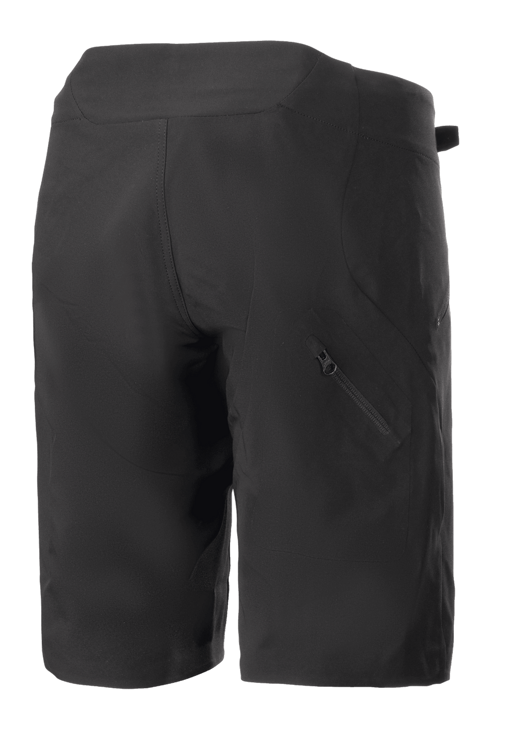 Alpinestars Stella Drop Algorithm shorts för dam, svarta, mountainbikeshorts, baksida som visar teknisk panelkonstruktion och diagonal ficka med dragkedja på höger ben, lätt och hållbar design för terrängcykling
