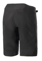 Alpinestars Stella Drop Algorithm shorts för dam, svarta, mountainbikeshorts, baksida som visar teknisk panelkonstruktion och diagonal ficka med dragkedja på höger ben, lätt och hållbar design för terrängcykling