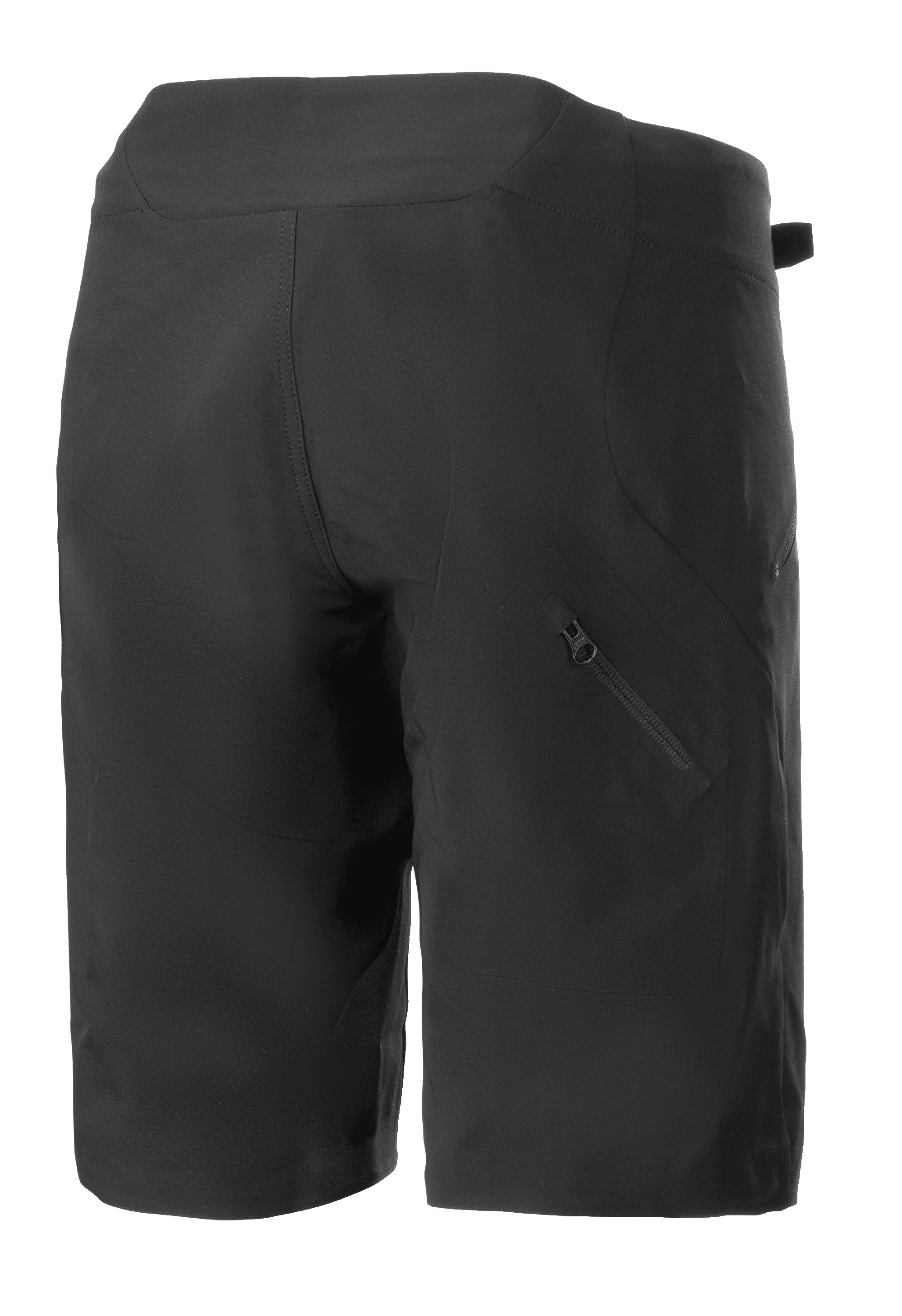 Alpinestars Stella Drop Algorithm shorts för dam, svarta, mountainbikeshorts, baksida som visar teknisk panelkonstruktion och diagonal ficka med dragkedja på höger ben, lätt och hållbar design för terrängcykling
