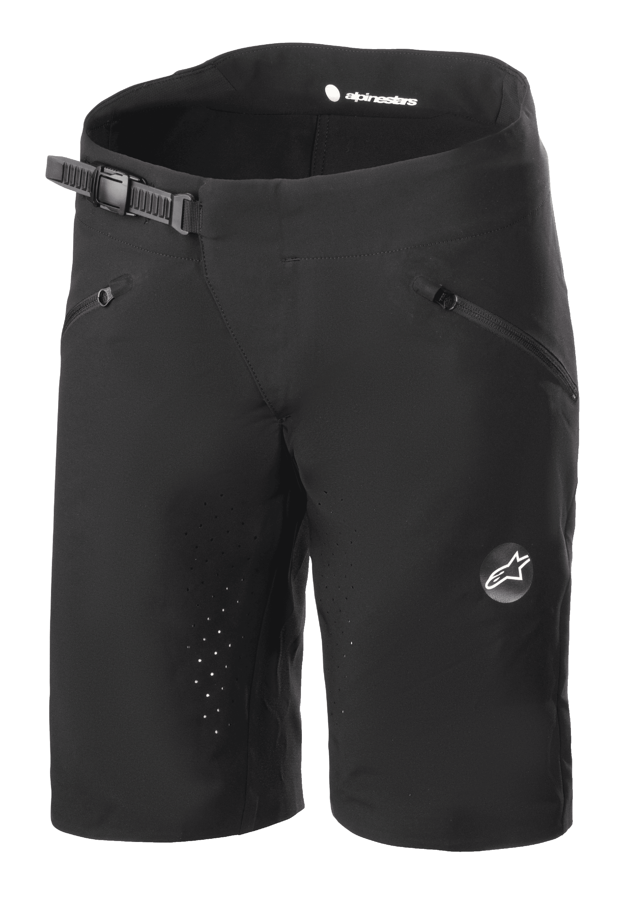Alpinestars Stella Drop Algorithm Shorts, damcykelshorts för mountainbike, svarta, med spärrspänne i midjan, framfickor med dragkedja, laserperforerade insömmar för ventilation, lätt funktionsmaterial med Alpinestars-logotyp på benet