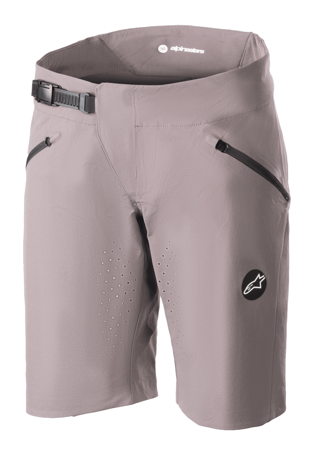 Alpinestars Stella Drop Algorithm shorts för dam, MTB-cykelshorts, Sparrow Gray, med svart spärrspänne i midjan, framfickor med dragkedja, laserperforerade ventilationshål och cirkulärt logotypemblem, högpresterande cykelutrustning