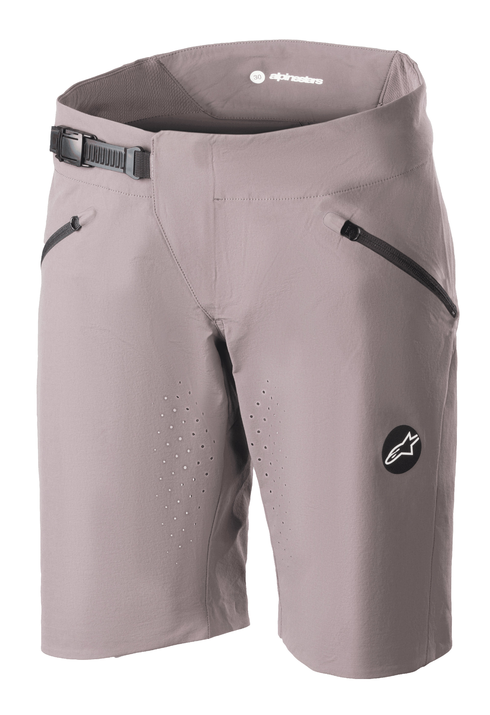 Alpinestars Stella Drop Algorithm shorts för dam, MTB-cykelshorts, Sparrow Gray, med svart spärrspänne i midjan, framfickor med dragkedja, laserperforerade ventilationshål och cirkulärt logotypemblem, högpresterande cykelutrustning