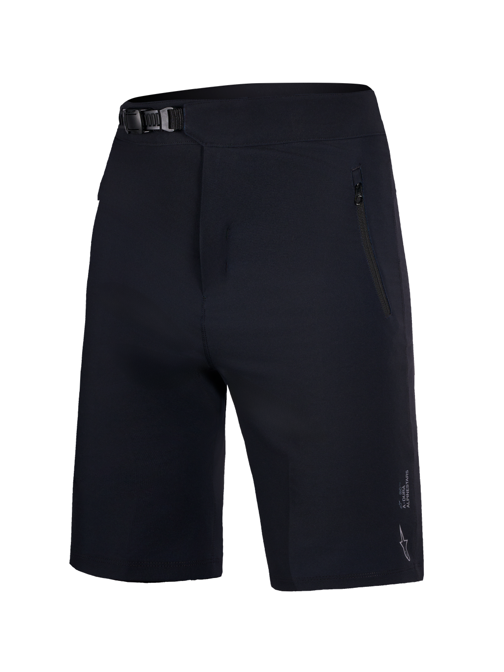 Alpinestars Ungdom A-Dura Ride Shorts, svarta MTB-shorts med spärrspänne i midjan och praktiska fickor med dragkedja.