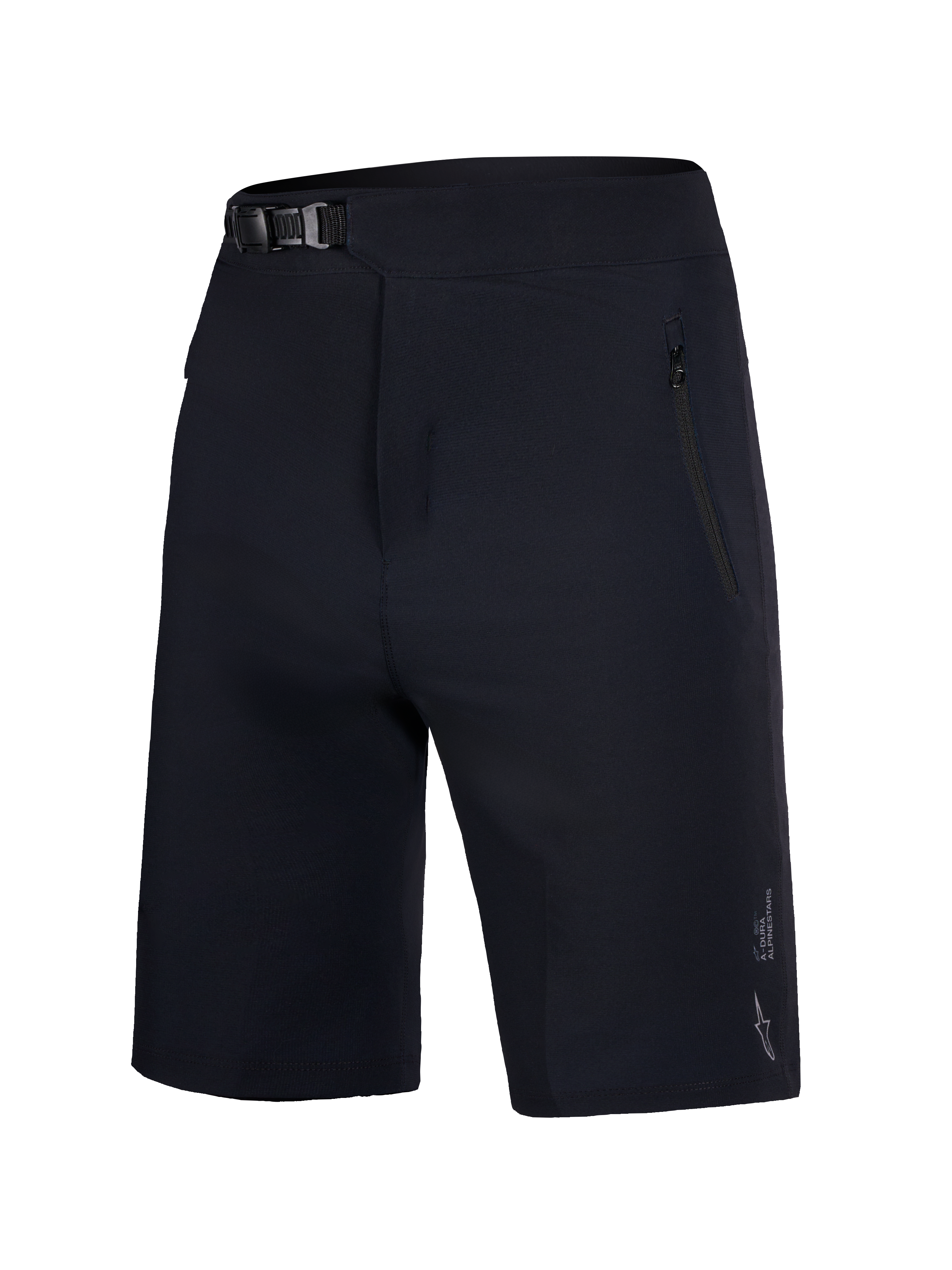 Alpinestars Ungdom A-Dura Ride Shorts, svarta MTB-shorts med spärrspänne i midjan och praktiska fickor med dragkedja.