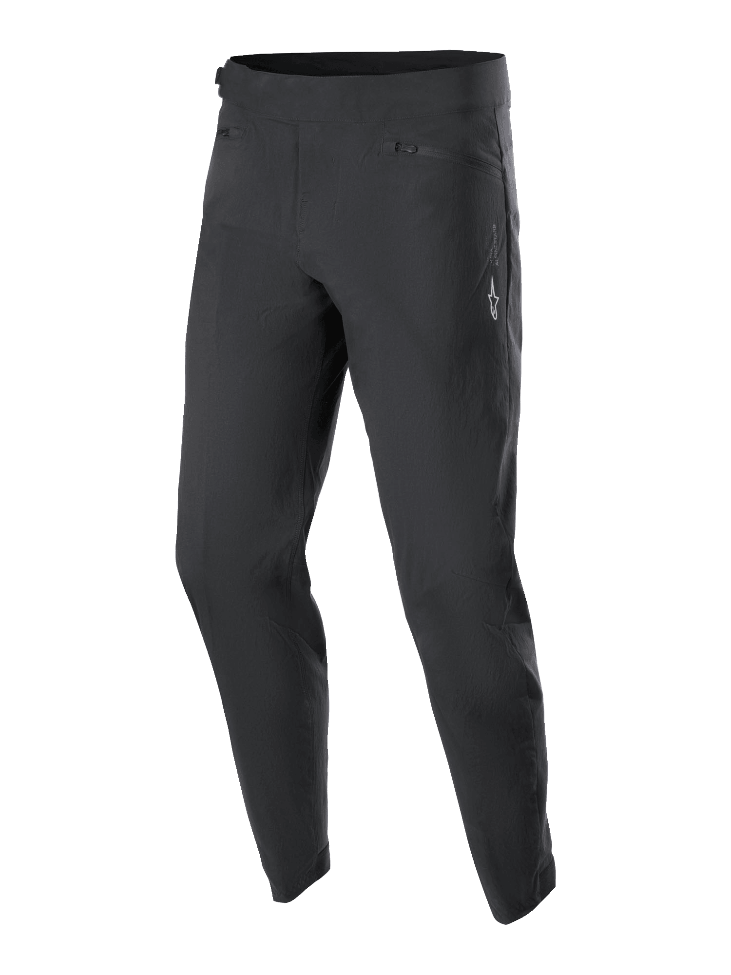 Alpinestars Youth A-Dura Pants, MTB-cykelbyxor, svarta, med två framfickor med dragkedja och en liten vit Alpinestars-logotyp på vänster lår, avsmalnande ben, slitstarkt stretchmaterial för mountainbikecykling för ungdomar