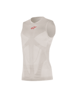 Alpinestars Tech Tank Summer, Sleeveless Base Layer, Silver Red, featuring a small red logo on the chest, body-mapped mesh ventilation panels, seamless tubular construction, ultra-lightweight technical knit