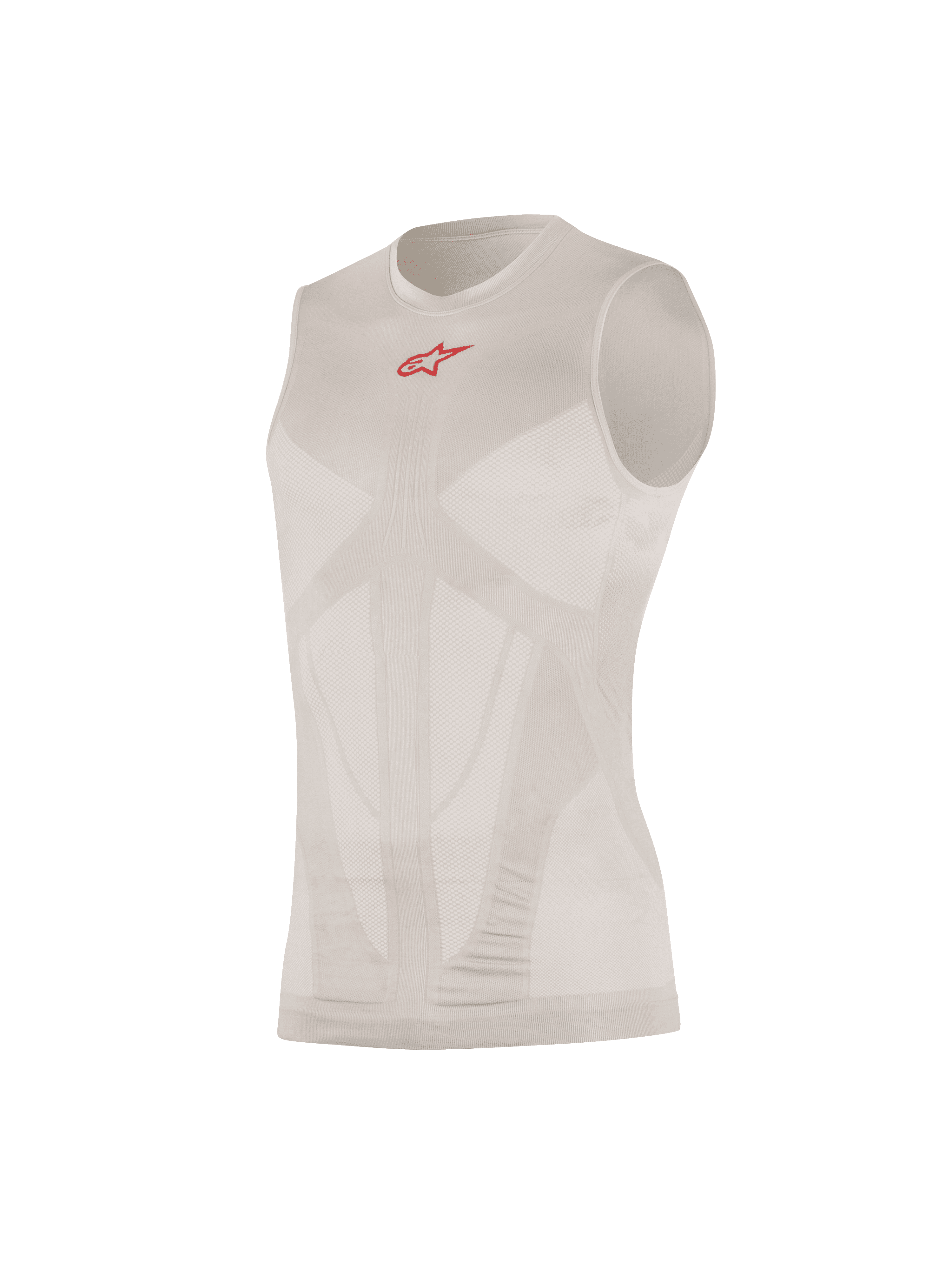 Alpinestars Tech Tank Summer, Sleeveless Base Layer, Silver Red, featuring a small red logo on the chest, body-mapped mesh ventilation panels, seamless tubular construction, ultra-lightweight technical knit
