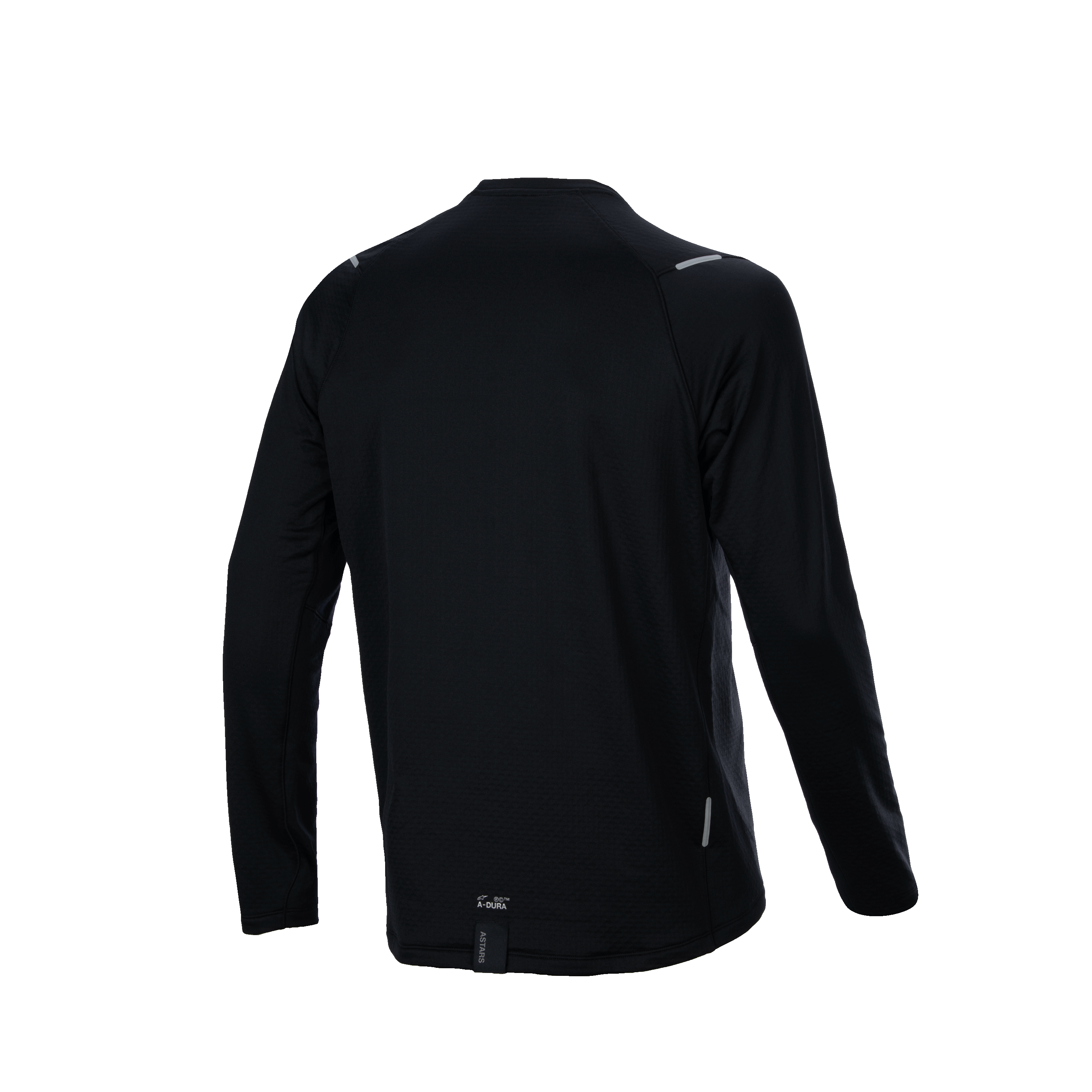Alpinestars A-Dura Thermal tröja, baksida, svart, långärmad mountainbiketröja med förlängd bakkant och texturerat isolerande tyg, liten A-Dura-logotyp och reflekterande detaljer.