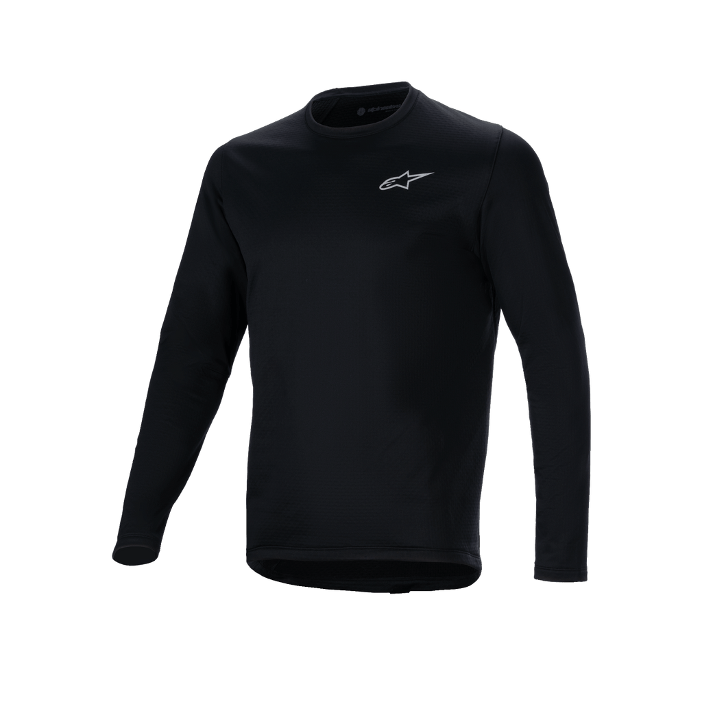 Alpinestars A-Dura Thermal Tröja, svart långärmad cykeltröja, liten vit Alpinestars-logotyp på bröstet, förlängd bakkant för extra skydd bak, isolerande fleecefoder för mountainbike-turer i kallt väder