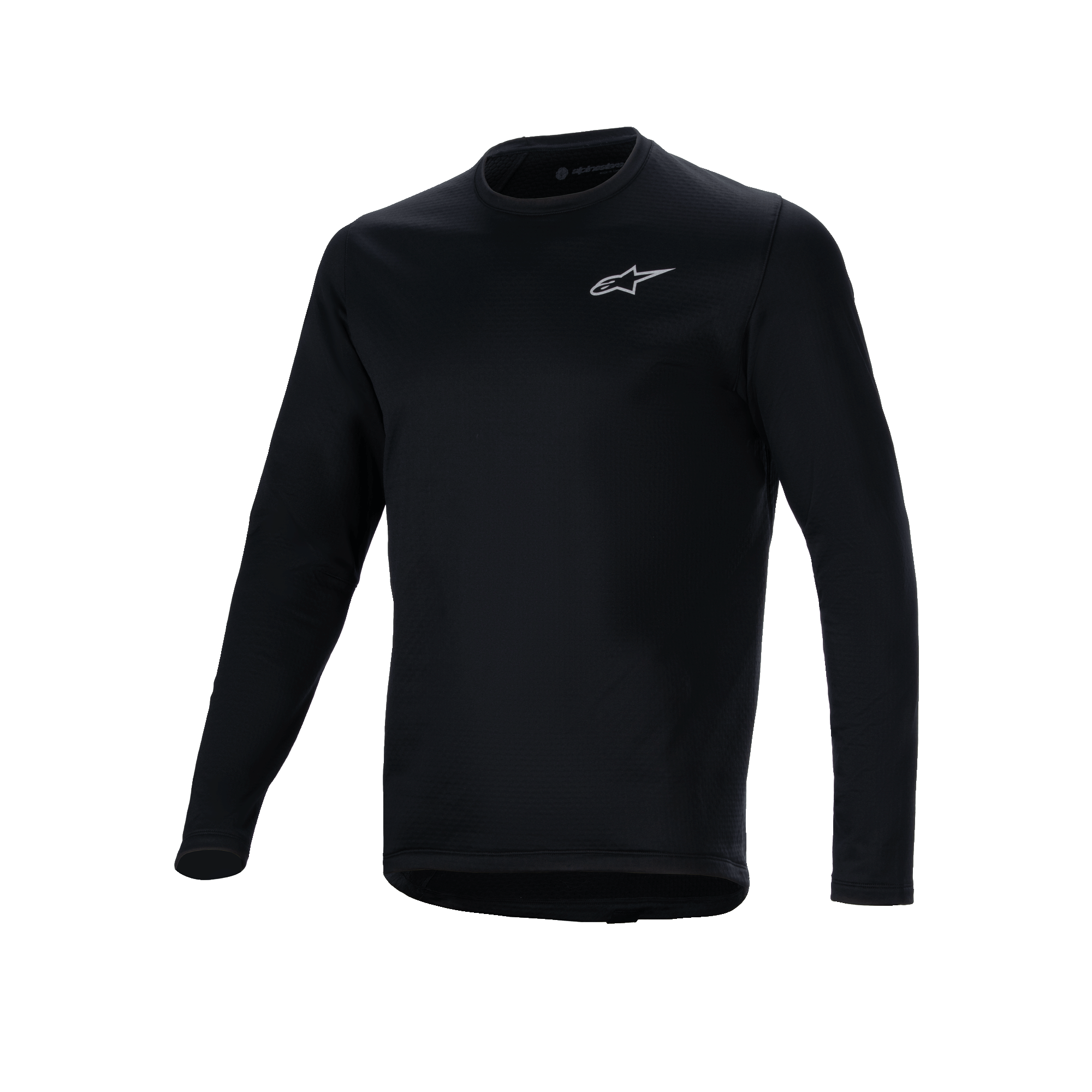Alpinestars A-Dura Thermal Tröja, svart långärmad cykeltröja, liten vit Alpinestars-logotyp på bröstet, förlängd bakkant för extra skydd bak, isolerande fleecefoder för mountainbike-turer i kallt väder