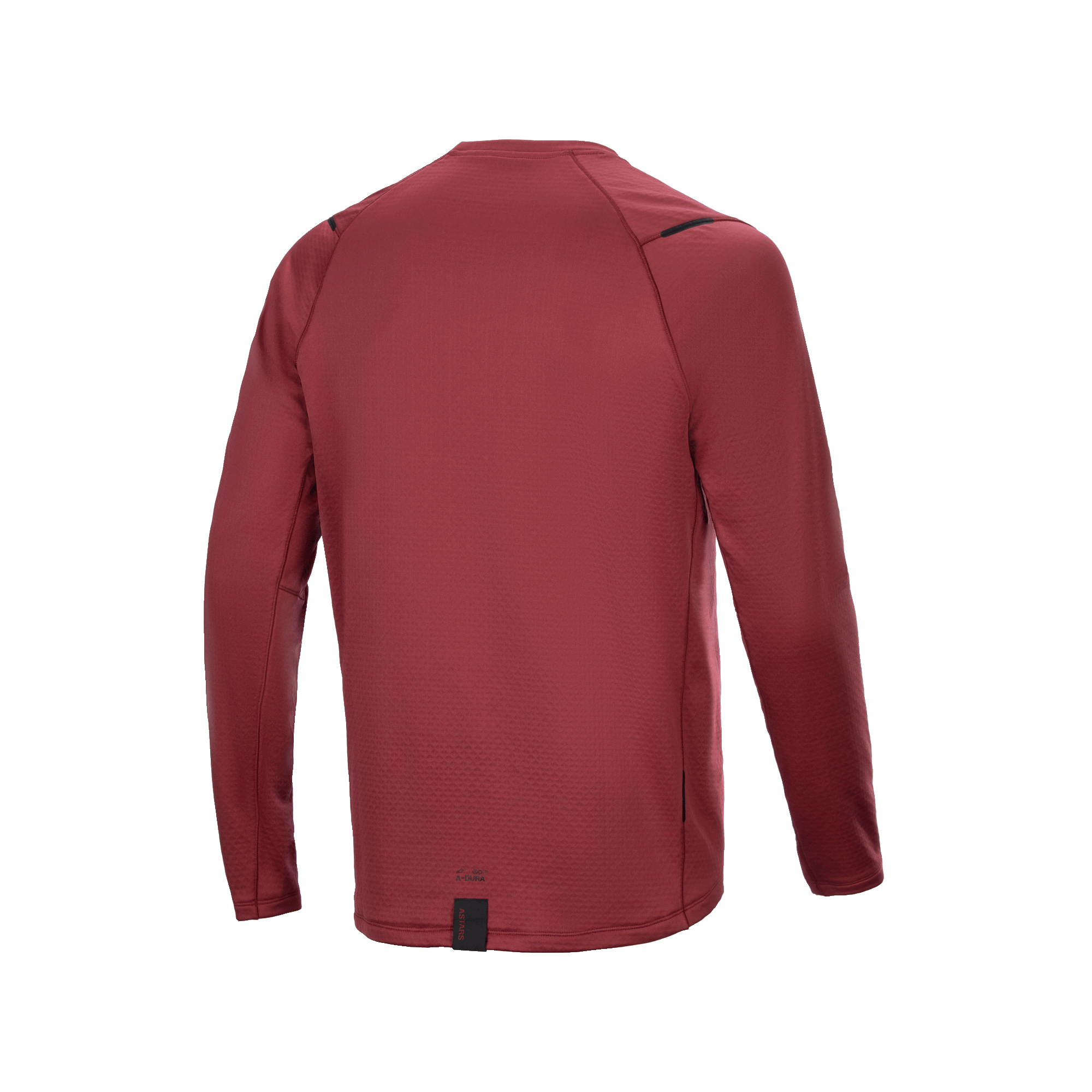 Alpinestars A-Dura Thermal Jersey, långärmad cykeltröja, vinröd, baksida som visar förlängt ryggparti för täckning, texturerat isolerande termotyg, minimalistisk logotyp vid fållen