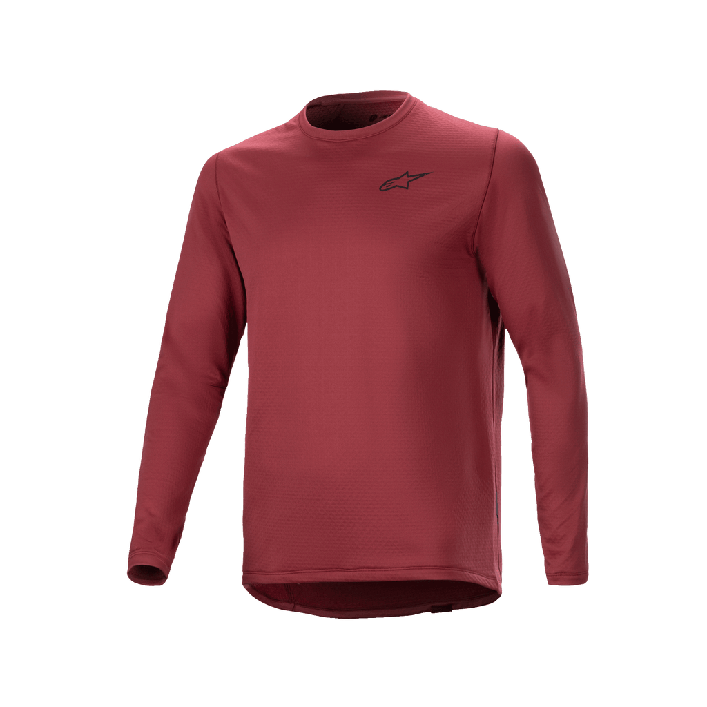 Alpinestars A-Dura Thermal Jersey, långärmad cykeltröja, vinröd, texturerat isolerande tyg med en liten svart stjärnlogotyp på bröstet, förlängd droppsvans för MTB-cykling
