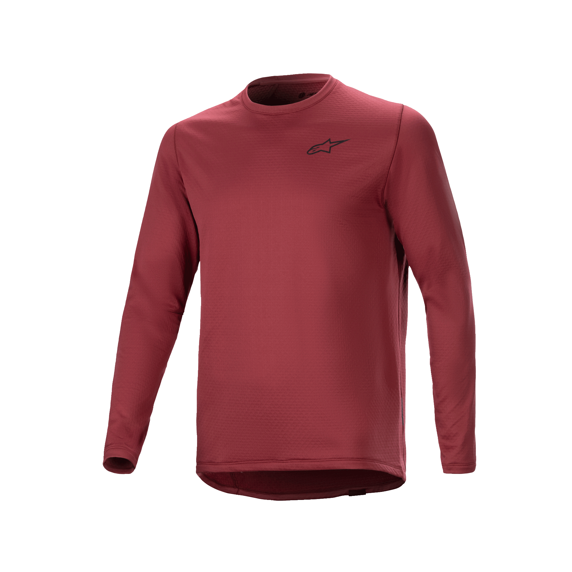 Alpinestars A-Dura Thermal Jersey, långärmad cykeltröja, vinröd, texturerat isolerande tyg med en liten svart stjärnlogotyp på bröstet, förlängd droppsvans för MTB-cykling