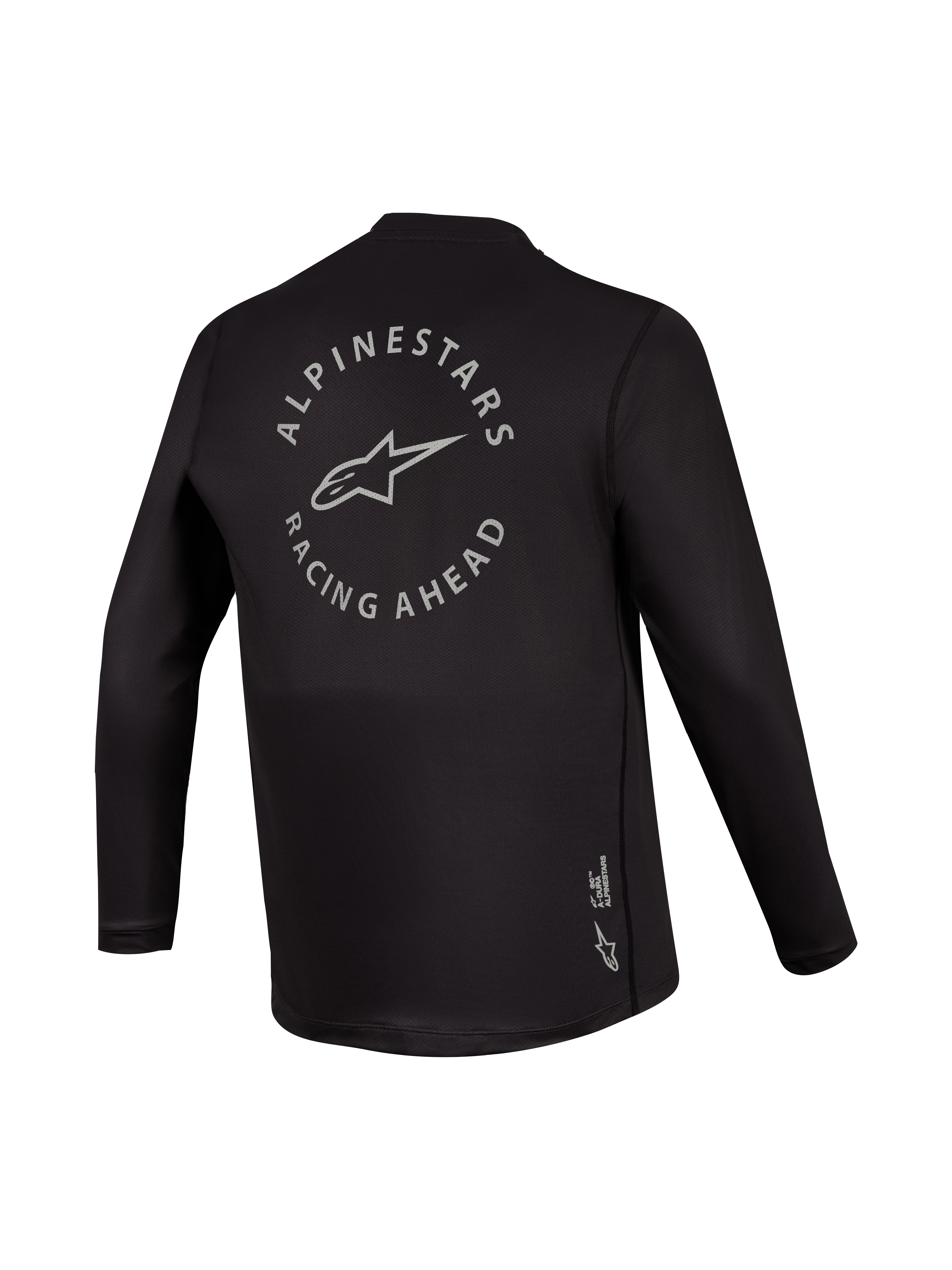 Black A-Dura Air Long Sleeve Jersey back view with grey Racing Ahead circular graphic, breathable performance MTB gear.