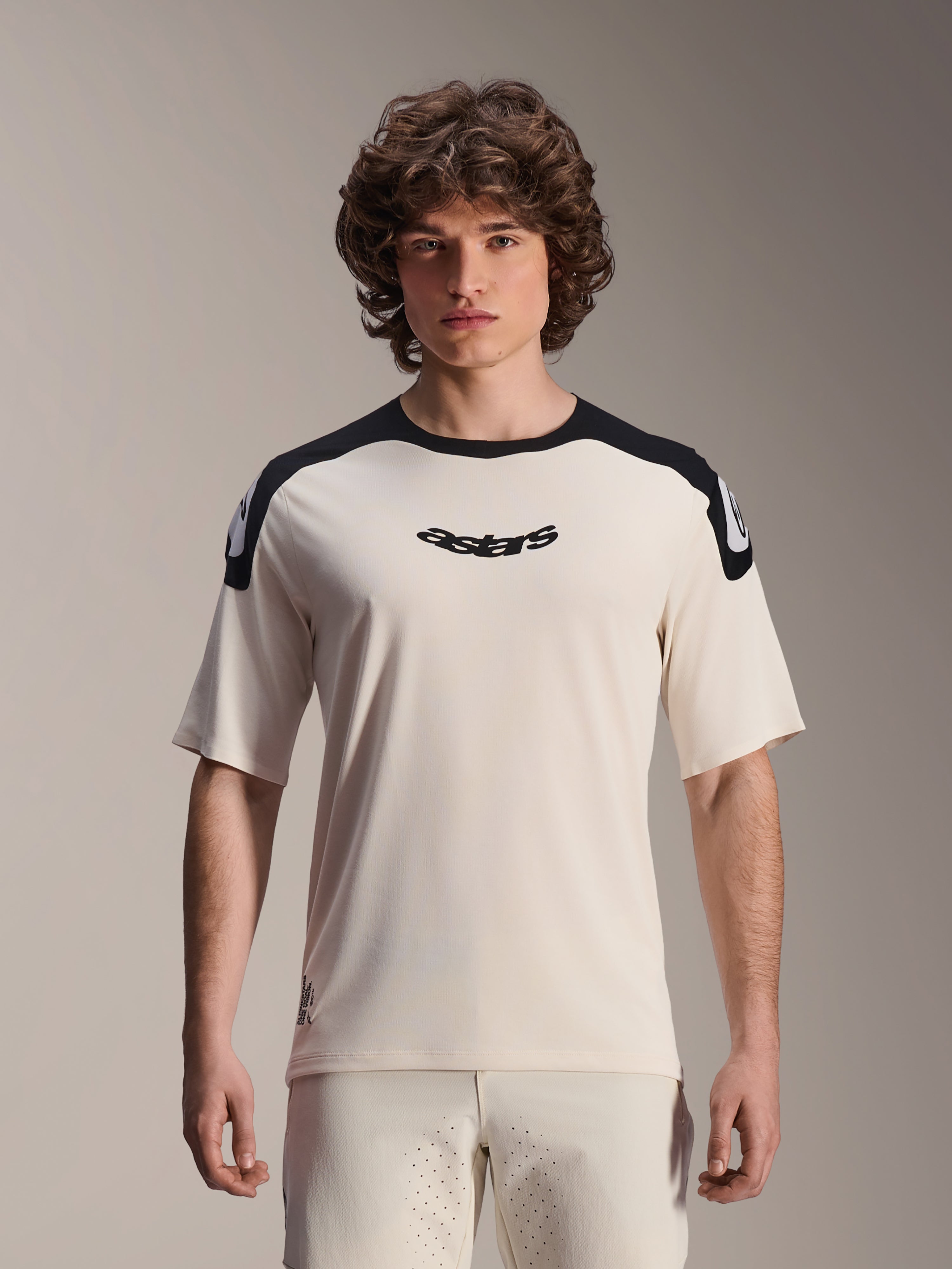 Alpinestars A-Aria Polartec Elite Jersey, Short Sleeve Mountain Bike Jersey, Ecru with black shoulder panels, black astars logo on chest, performance fit MTB apparel