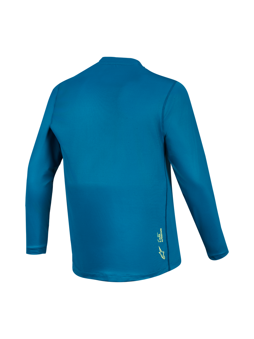 Alpinestars A-Dura Ride långärmad MTB-tröja i blågrönt, baksida i funktionstyg med en liten gul logotyp nertill.