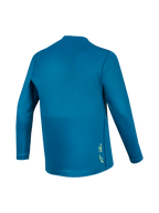 Alpinestars A-Dura Ride långärmad MTB-tröja i blågrönt, baksida i funktionstyg med en liten gul logotyp nertill.