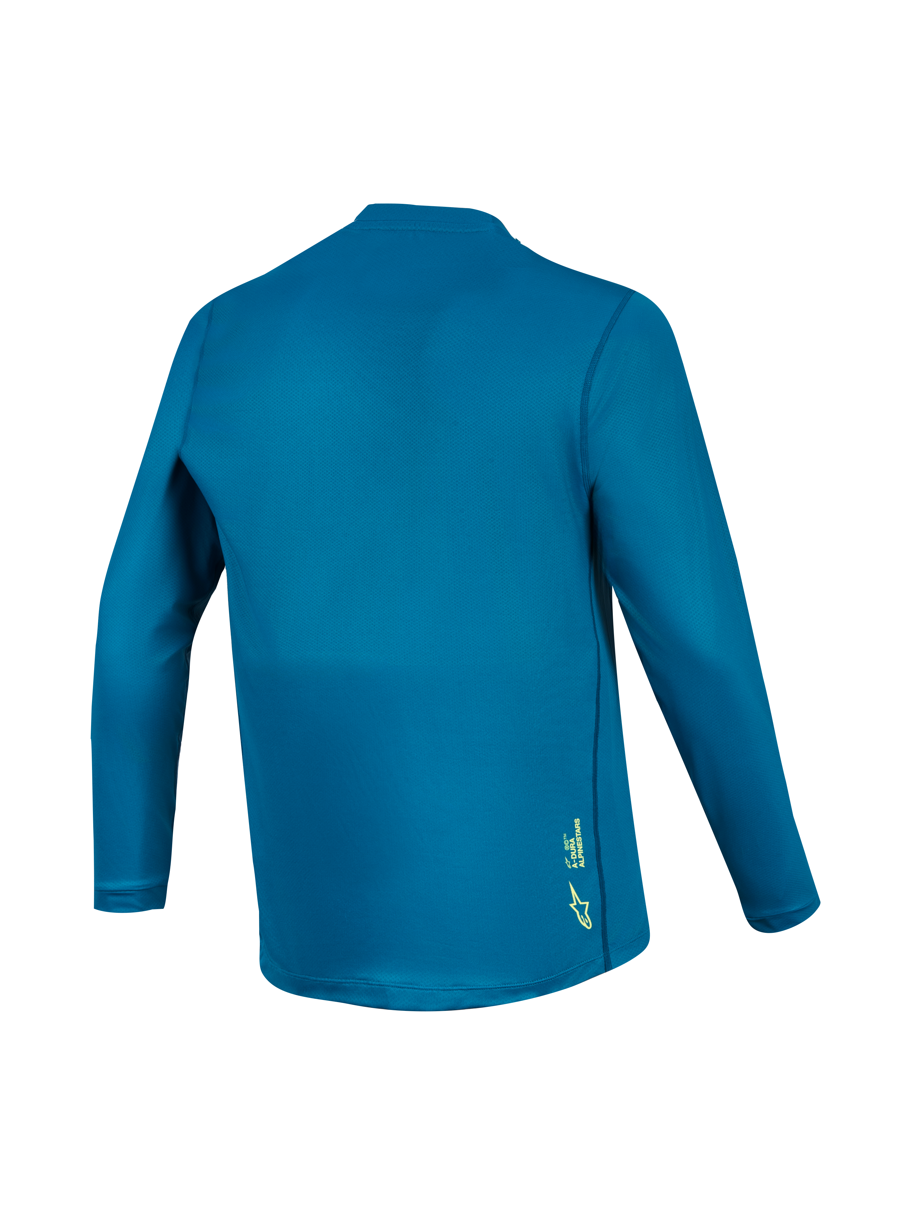 Alpinestars A-Dura Ride långärmad MTB-tröja i blågrönt, baksida i funktionstyg med en liten gul logotyp nertill.