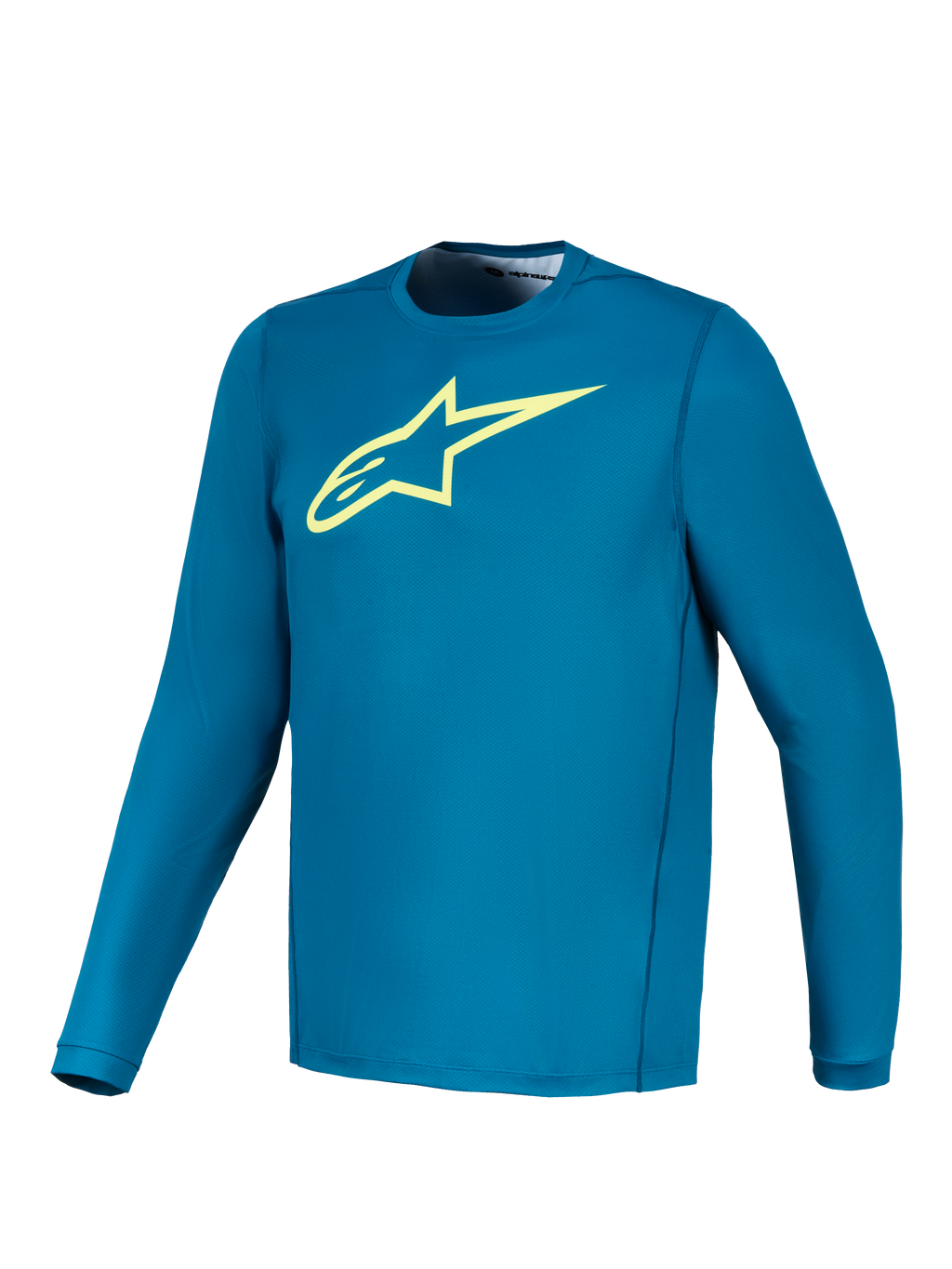 Alpinestars A-Dura Ride långärmad tröja i blågrönt med limegul Astars-logotyp, högpresterande MTB-plagg.