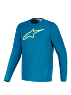 Alpinestars A-Dura Ride långärmad tröja i blågrönt med limegul Astars-logotyp, högpresterande MTB-plagg.