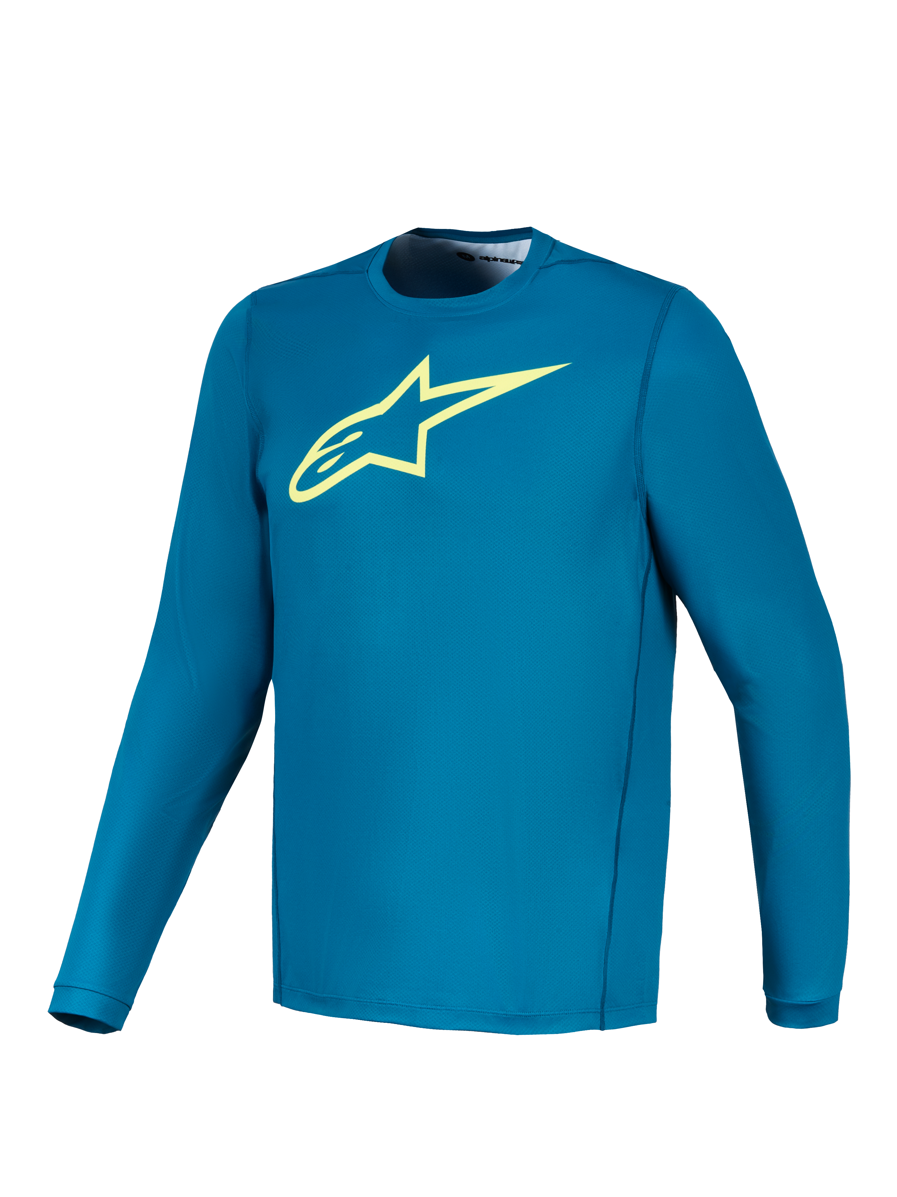 Alpinestars A-Dura Ride långärmad tröja i blågrönt med limegul Astars-logotyp, högpresterande MTB-plagg.