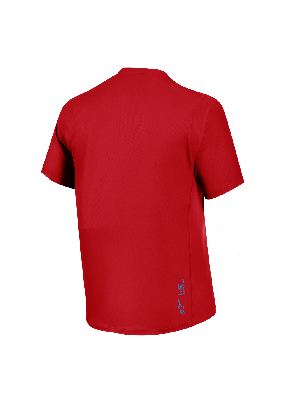 Röd A-Dura Ride kortärmad tröja sedd bakifrån, i ventilerande jacquardtyg med en liten blå Alpinestars-logotyp.