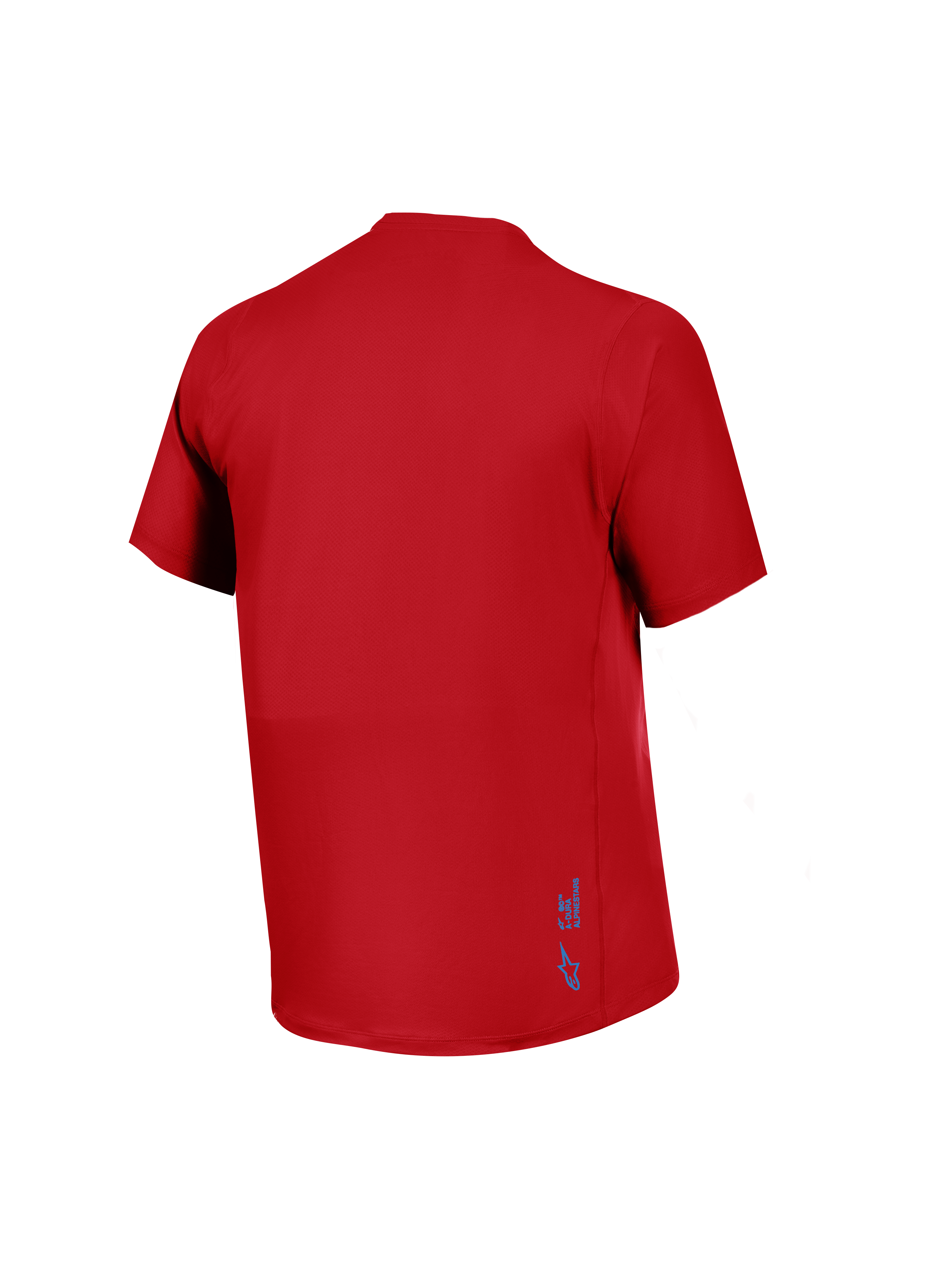 Röd A-Dura Ride kortärmad tröja sedd bakifrån, i ventilerande jacquardtyg med en liten blå Alpinestars-logotyp.