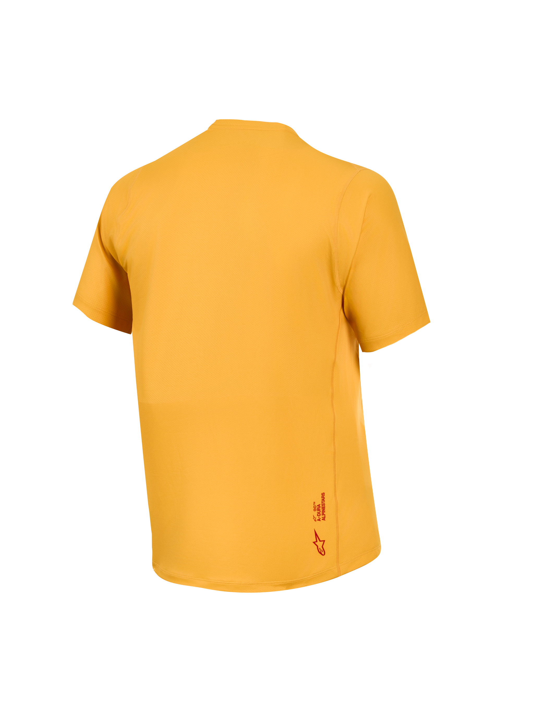 Orange A-Dura Ride kortärmad tröja sedd bakifrån, i jacquard-stretch med liten Astars-logotyp vid nederkanten.