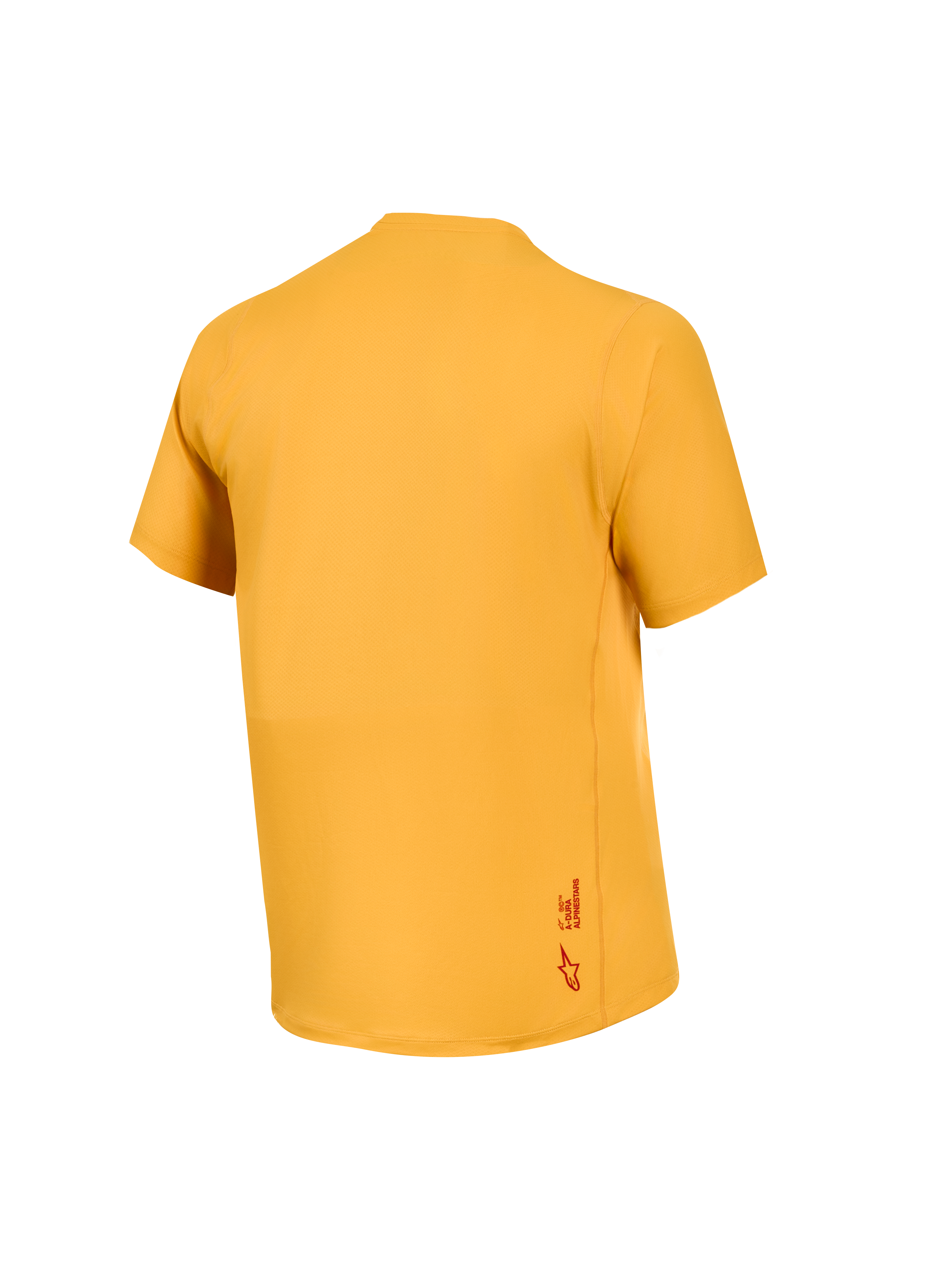 Orange A-Dura Ride kortärmad tröja sedd bakifrån, i jacquard-stretch med liten Astars-logotyp vid nederkanten.