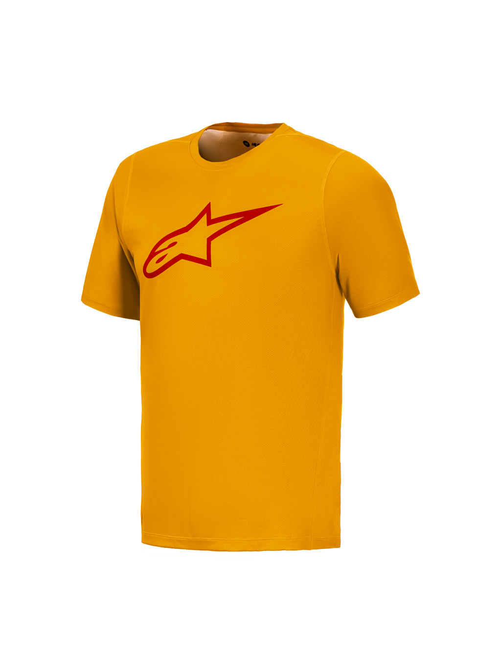 Orange A-Dura Ride kortärmad tröja med röd Astars-logotyp på bröstet, högpresterande MTB-plagg från Alpinestars.