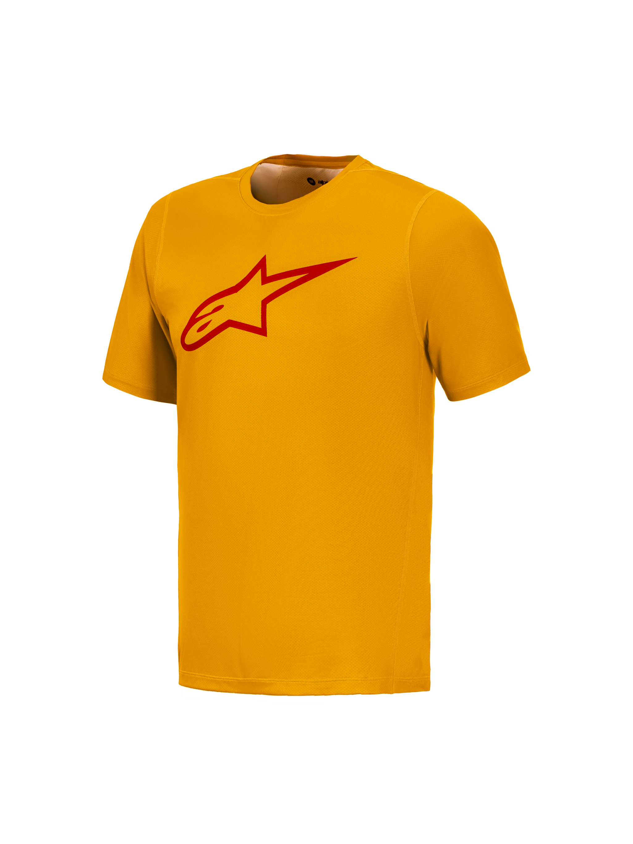 Orange A-Dura Ride kortärmad tröja med röd Astars-logotyp på bröstet, högpresterande MTB-plagg från Alpinestars.