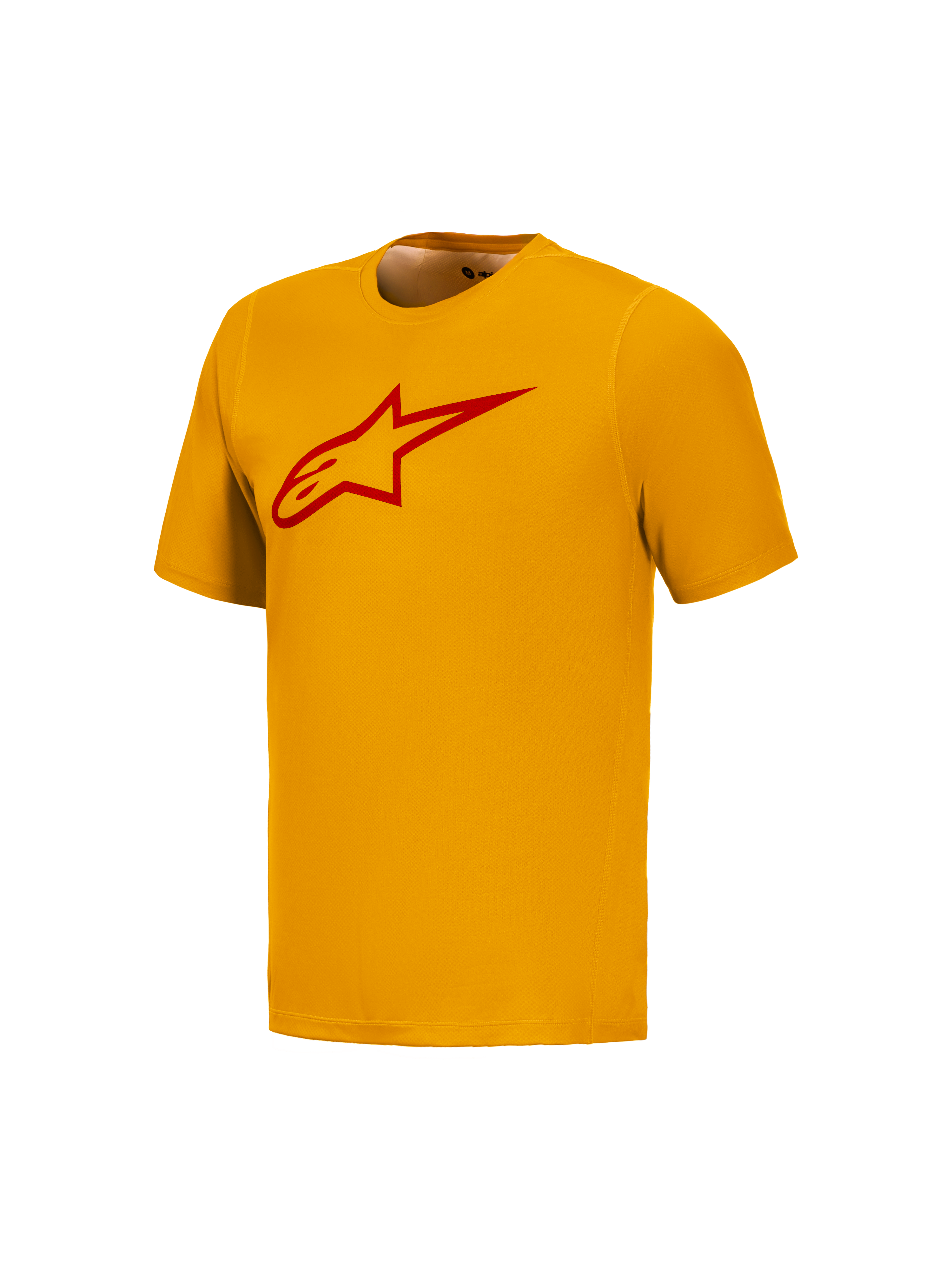 Orange A-Dura Ride kortärmad tröja med röd Astars-logotyp på bröstet, högpresterande MTB-plagg från Alpinestars.