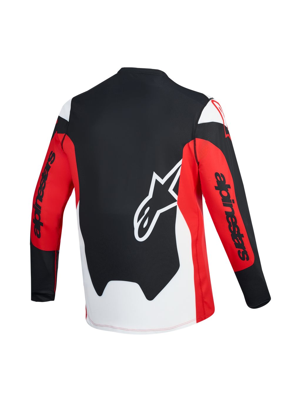 A-Dura Race långärmad tröja, röd och svart ryggvy med vit Astars-logotyp och Alpinestars-branding på ärmarna.