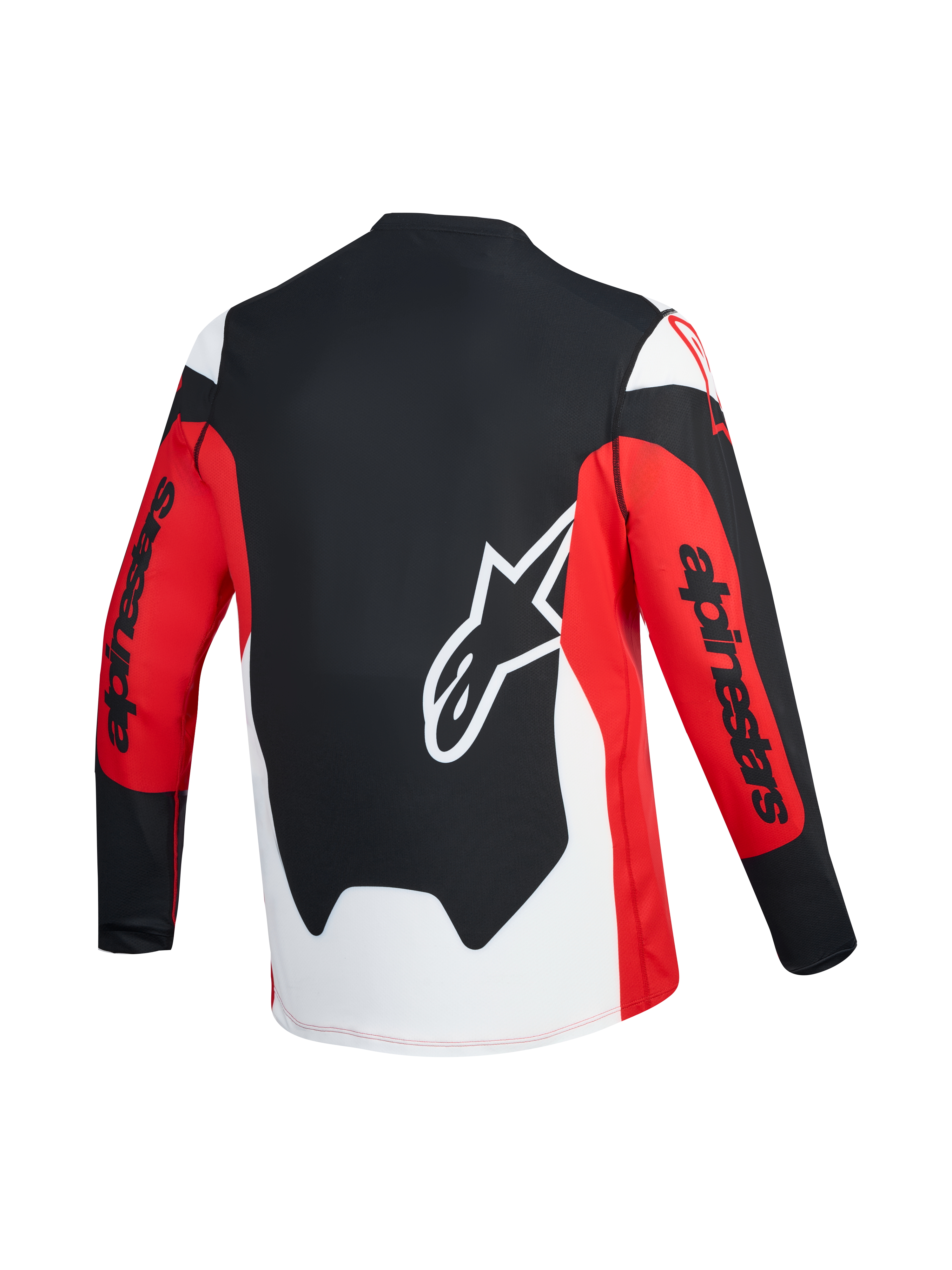 A-Dura Race långärmad tröja, röd och svart ryggvy med vit Astars-logotyp och Alpinestars-branding på ärmarna.