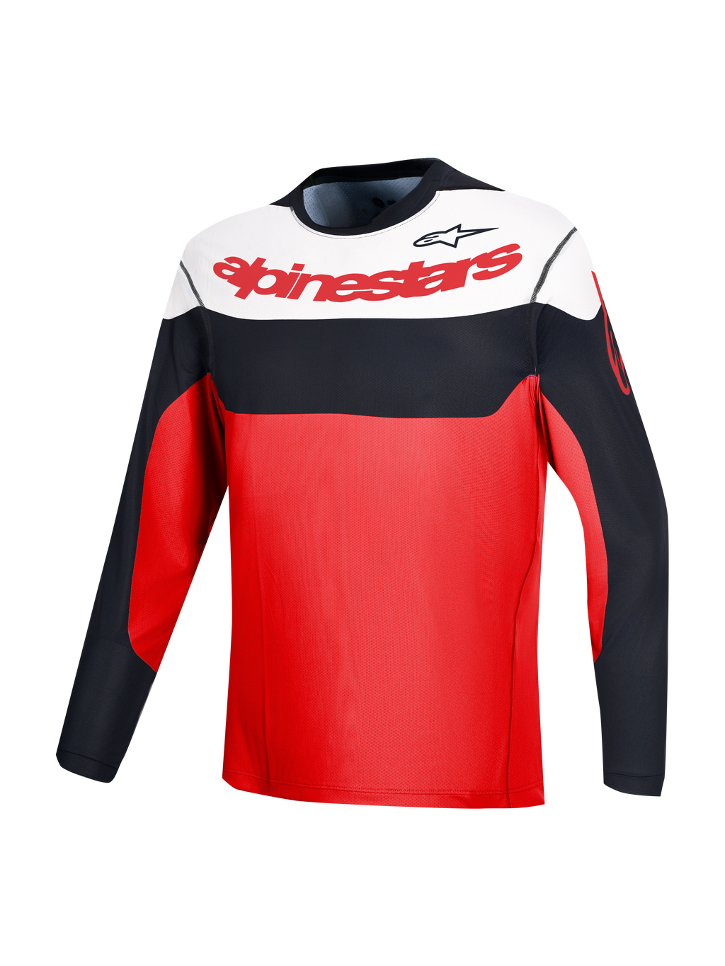 Röd A-Dura Race långärmad tröja med Alpinestars-logotyp och svartvit färgblockering för MTB-prestanda.