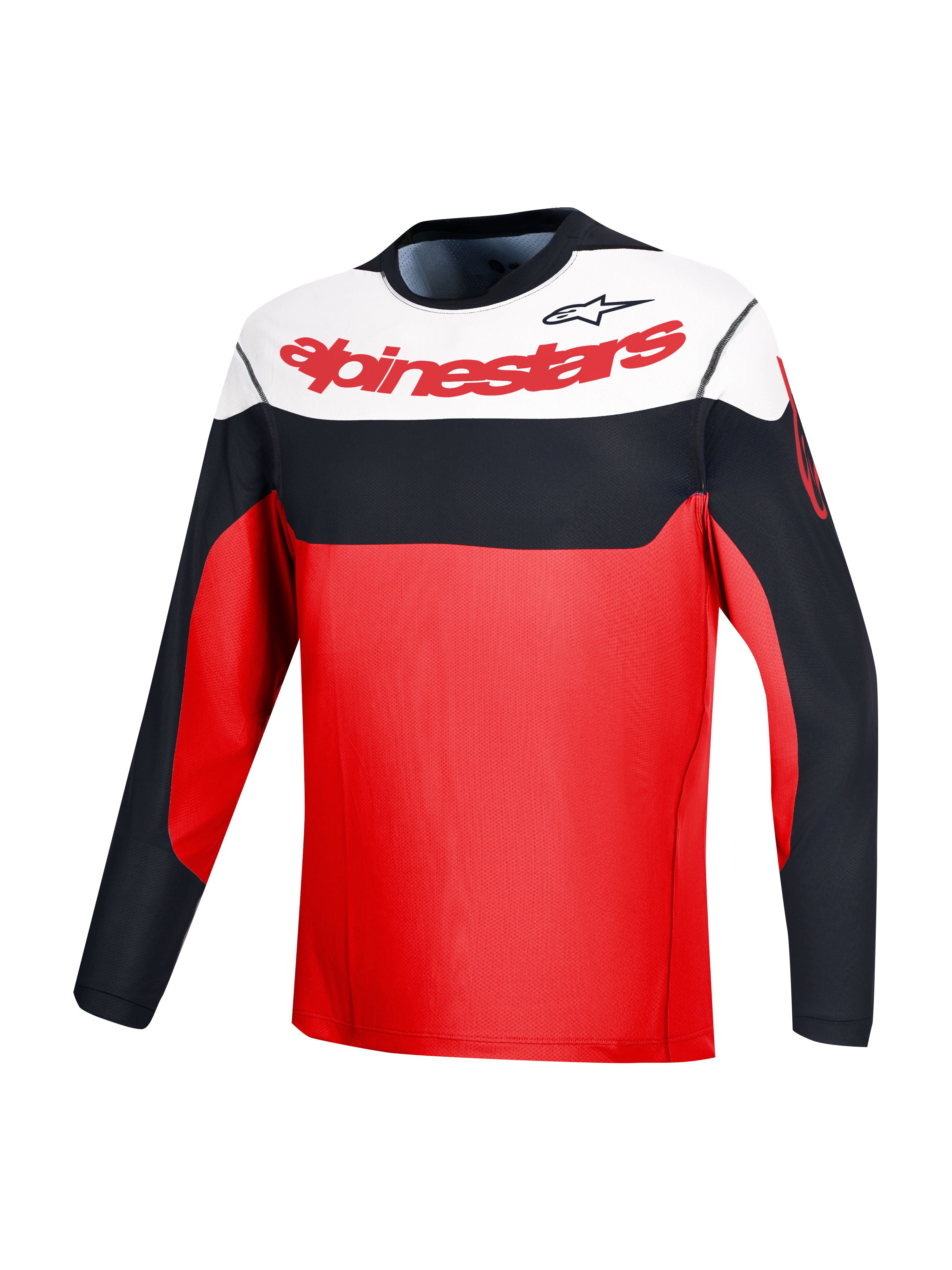 Röd A-Dura Race långärmad tröja med Alpinestars-logotyp och svartvit färgblockering för MTB-prestanda.