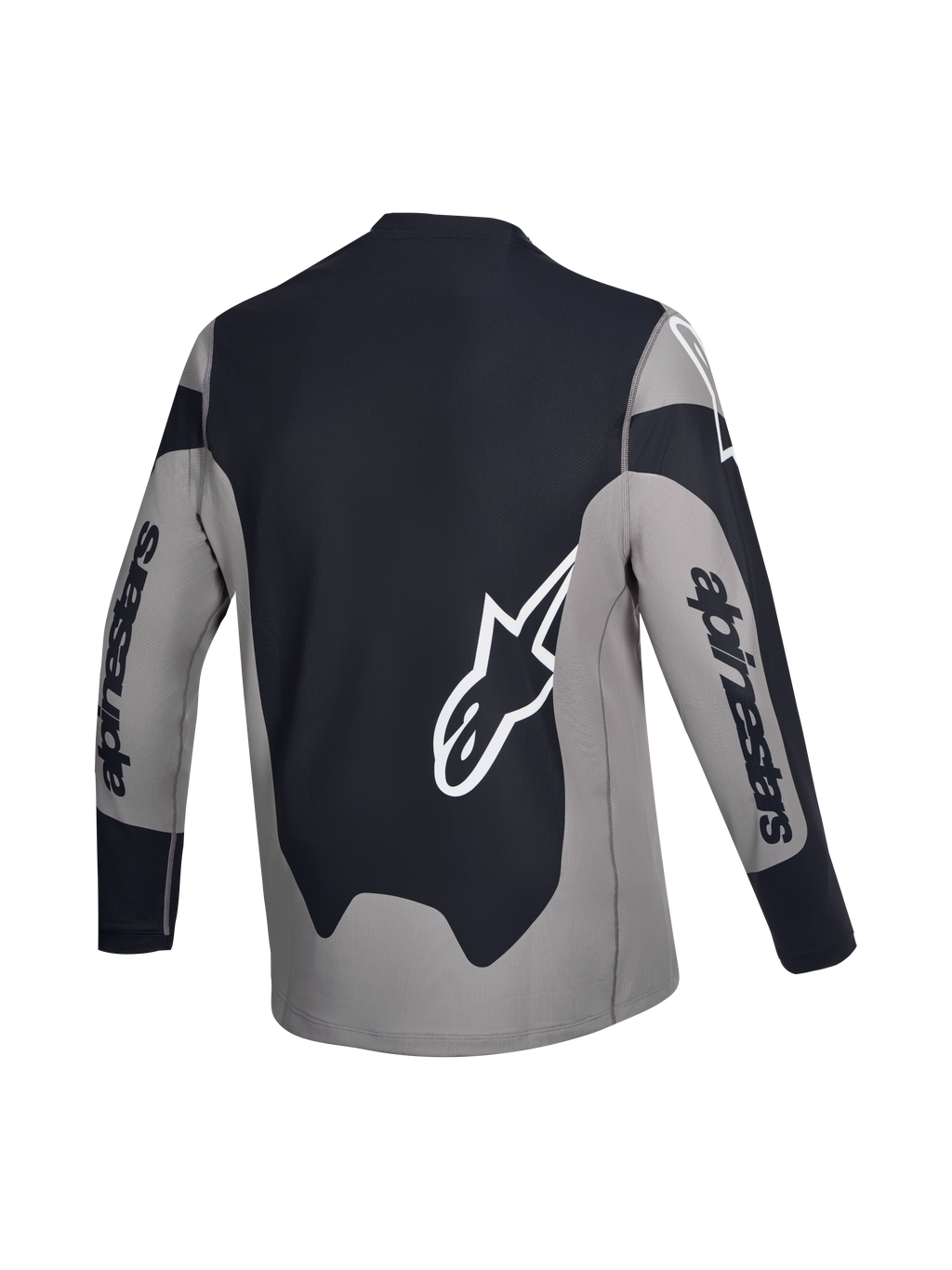 Alpinestars A-Dura Race tröja, långärmad MTB-cykeltröja, bakvy, grå och svart med vit logotypgrafik, lätt stretchmaterial med droppad rygg