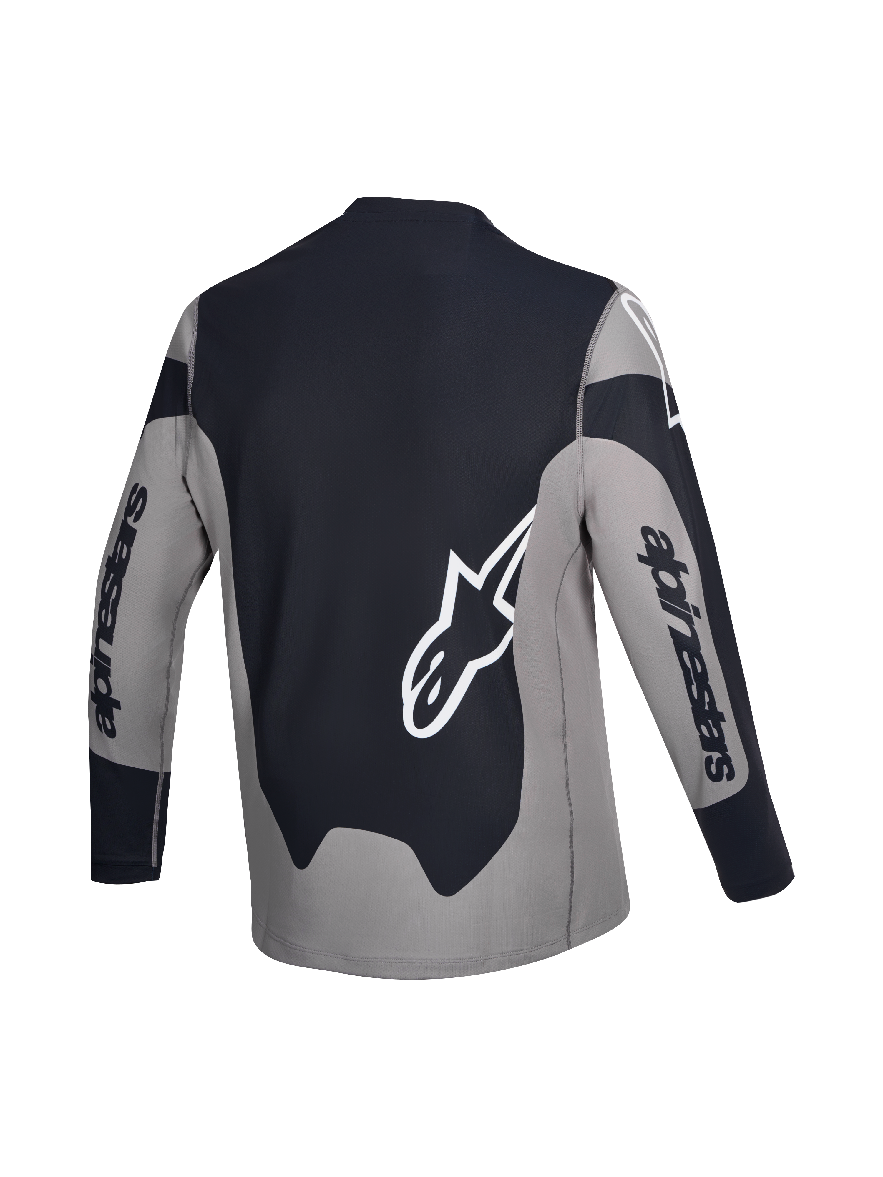 Alpinestars A-Dura Race tröja, långärmad MTB-cykeltröja, bakvy, grå och svart med vit logotypgrafik, lätt stretchmaterial med droppad rygg