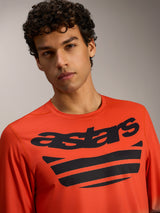 Orange A-Dura ASTARS Jersey 2.0, långärmad MTB-tröja med svarta bröstlogotyper för högpresterande stigcykling.