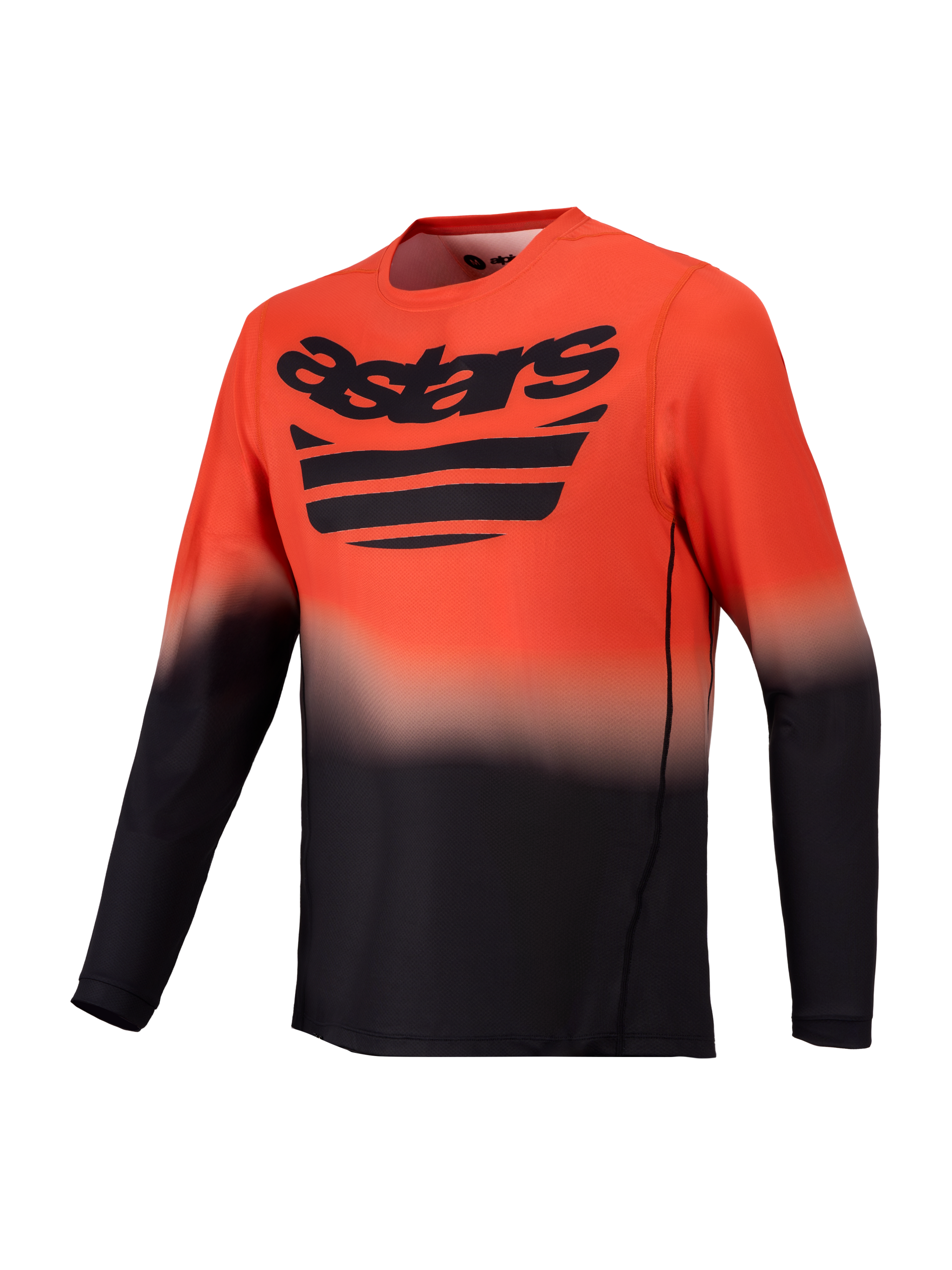 Alpinestars A-Dura ASTARS Jersey 2.0, långärmad orange och svart MTB-tröja med färgtoning och bröstlogotyp.